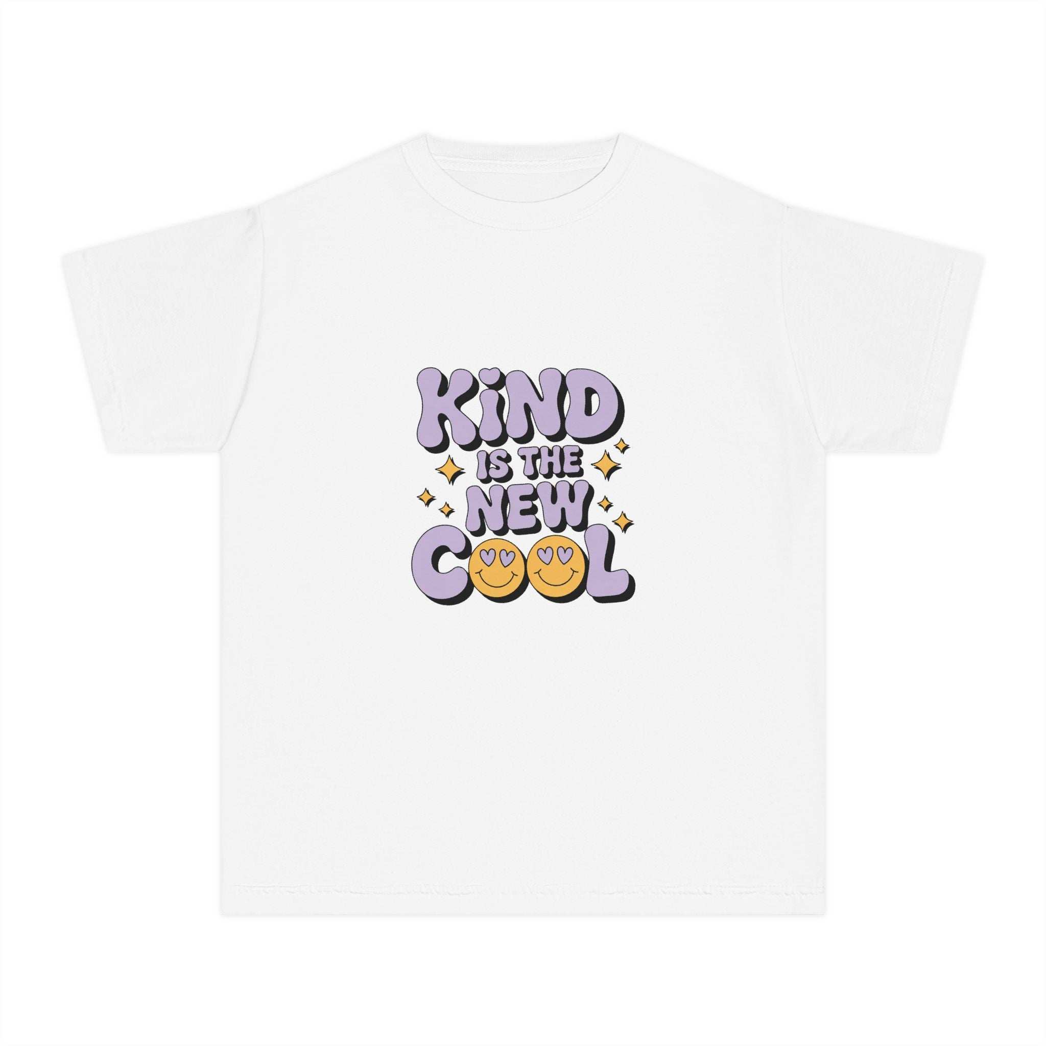 Black youth tee with 'Kind is the new Cool' slogan by Printify, perfect for back to school fashion.