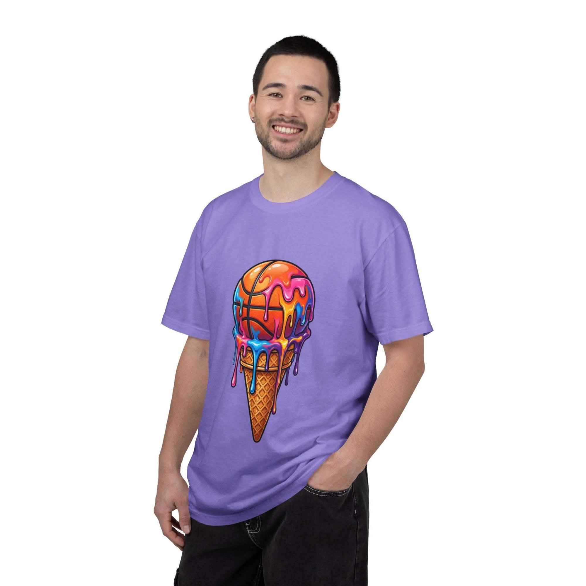 Colorful dripping ice cream cone graphic on neon melting ice cream cone t-shirt
