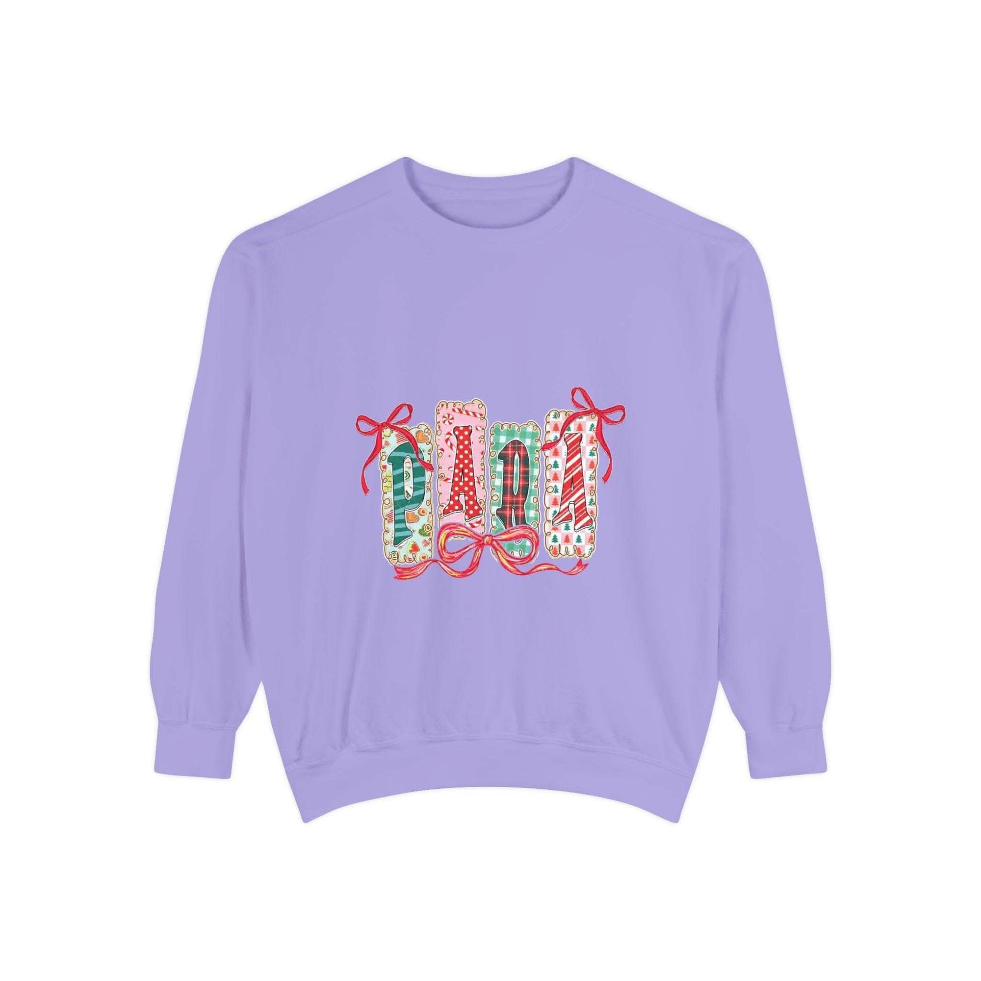 Cozy preppy Christmas sweatshirt in butter color, featuring festive design, perfect for para educators, by Printify.