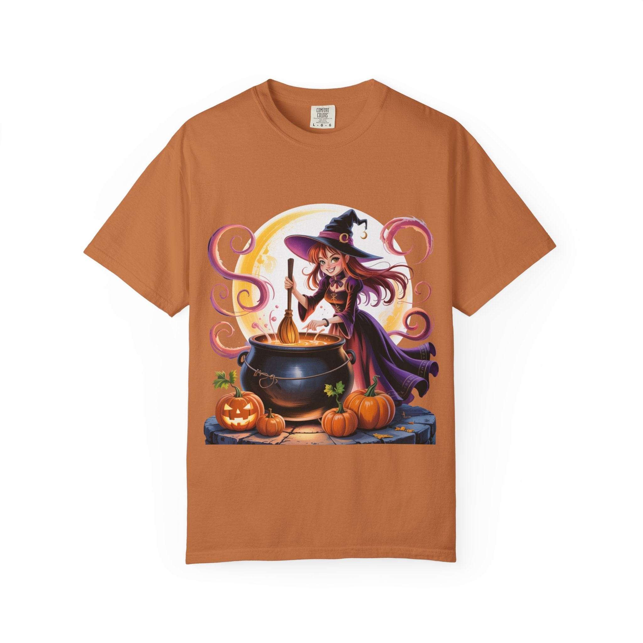 Black Anime Halloween Witch t-shirt, short sleeve, made from soft cotton, featuring a spooky design by Printify.