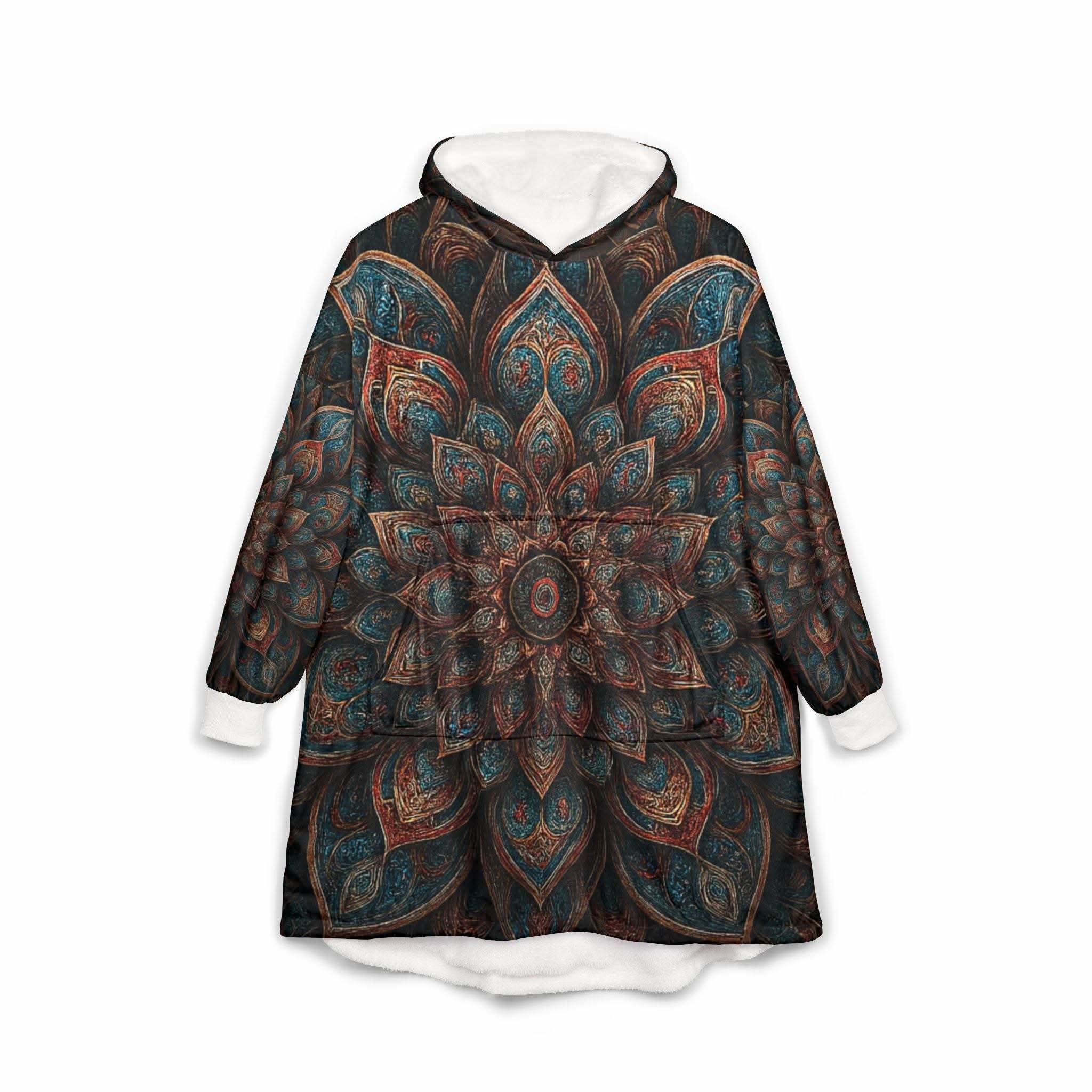Cozy Geometric Mandala Hooded Blanket with vibrant mandala pattern and oversized kangaroo pocket for meditation and relaxation