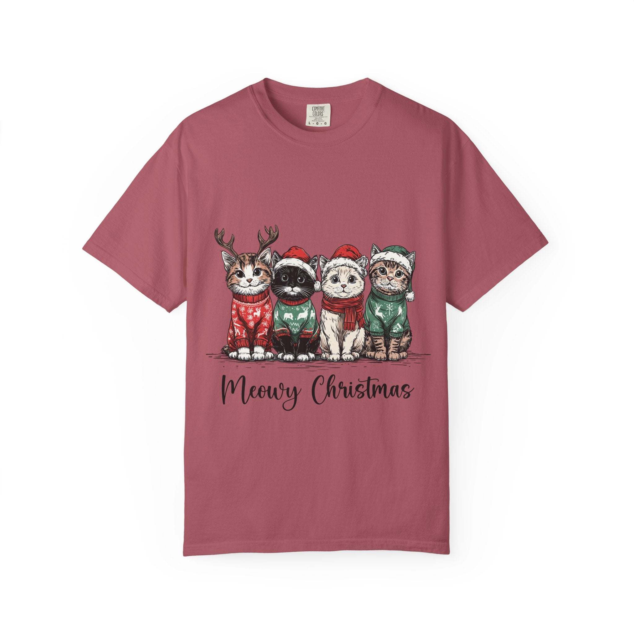 Bay Cat Lover T-shirt with Meowy Christmas design from Printify, perfect festive gift for cat enthusiasts.
