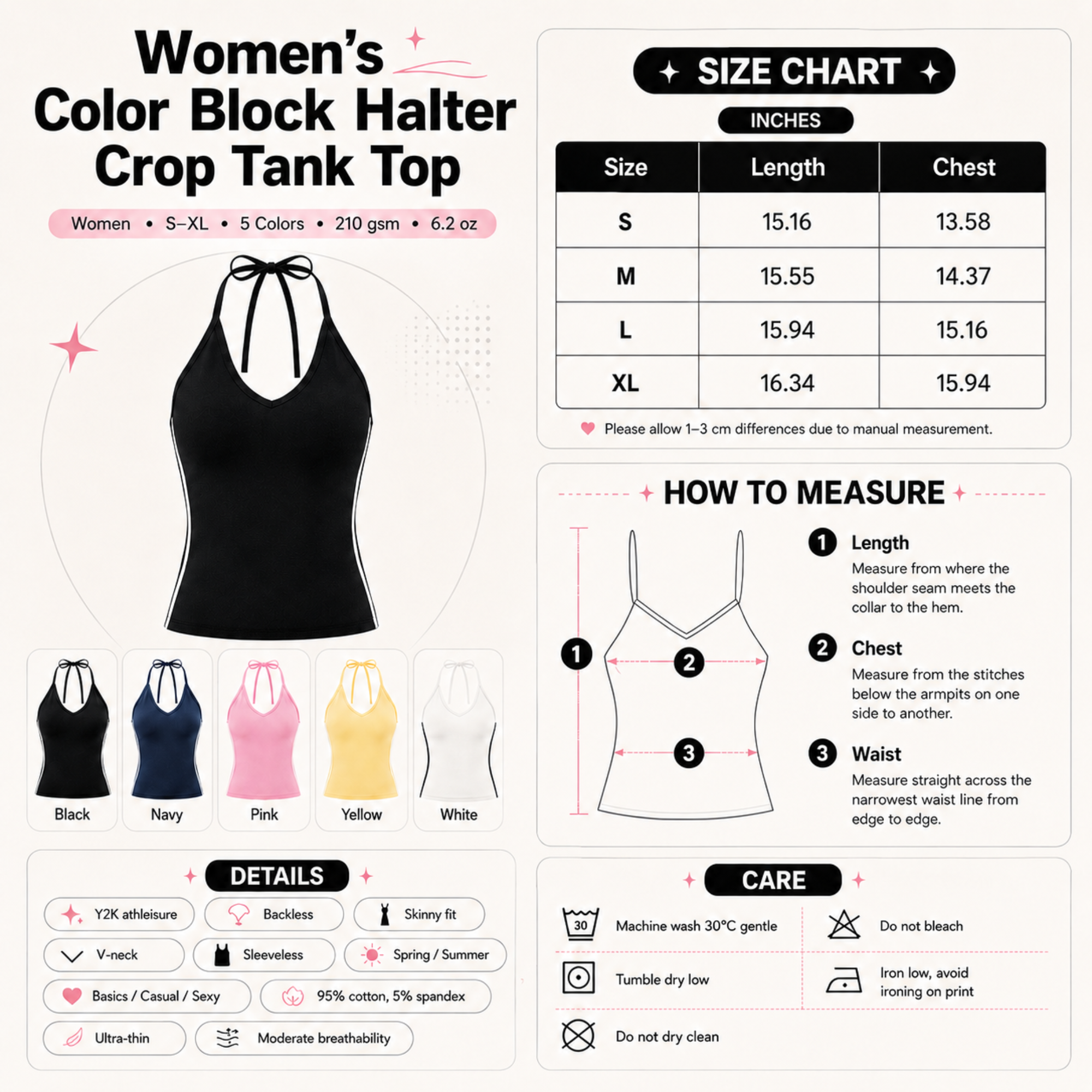 Women’s Color Block Halter Crop Tank Top with V-neck and backless halter tie in slim fit