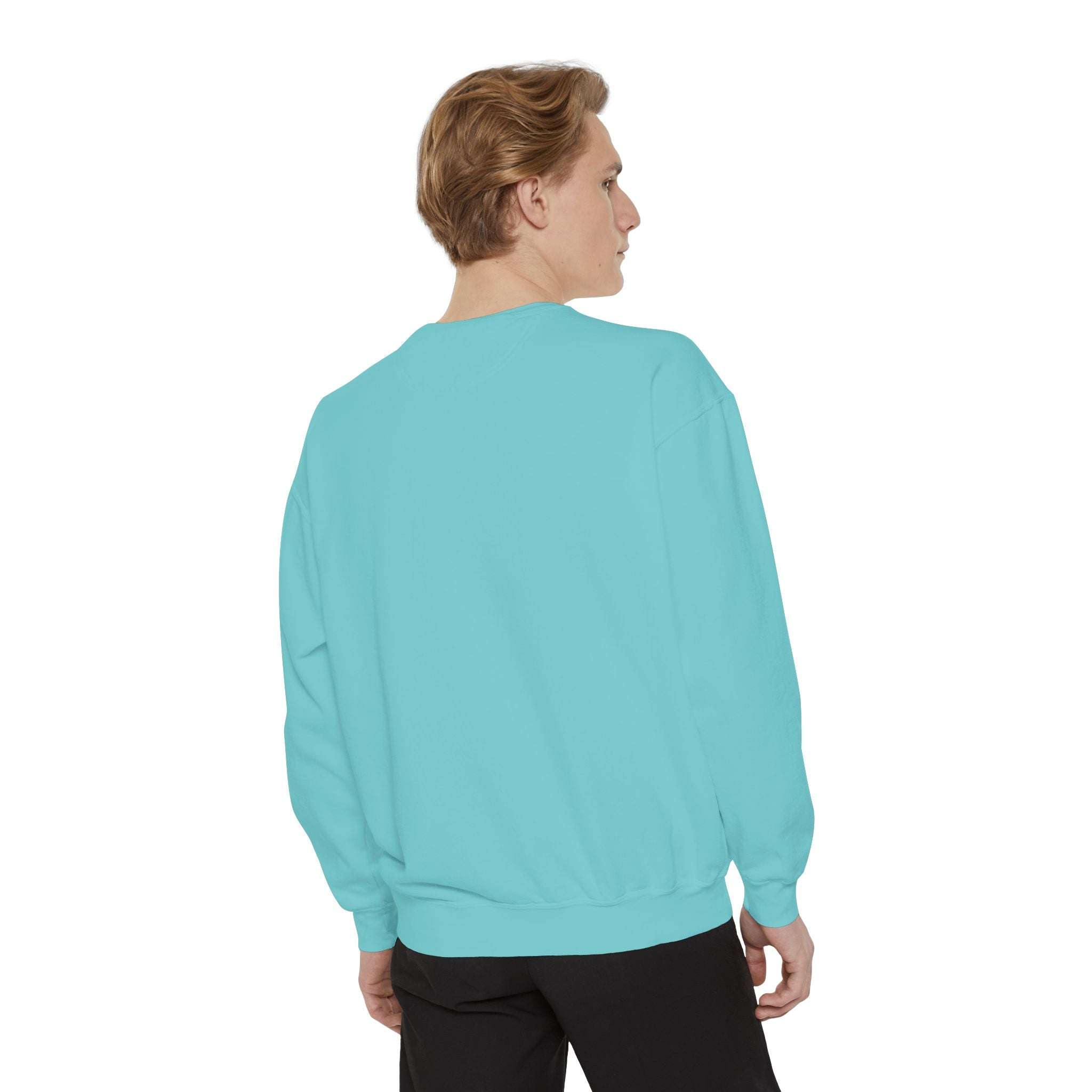 Man wearing light blue Vintage North Pole Book Club sweatshirt with ribbed collar and cuffs shown from the back