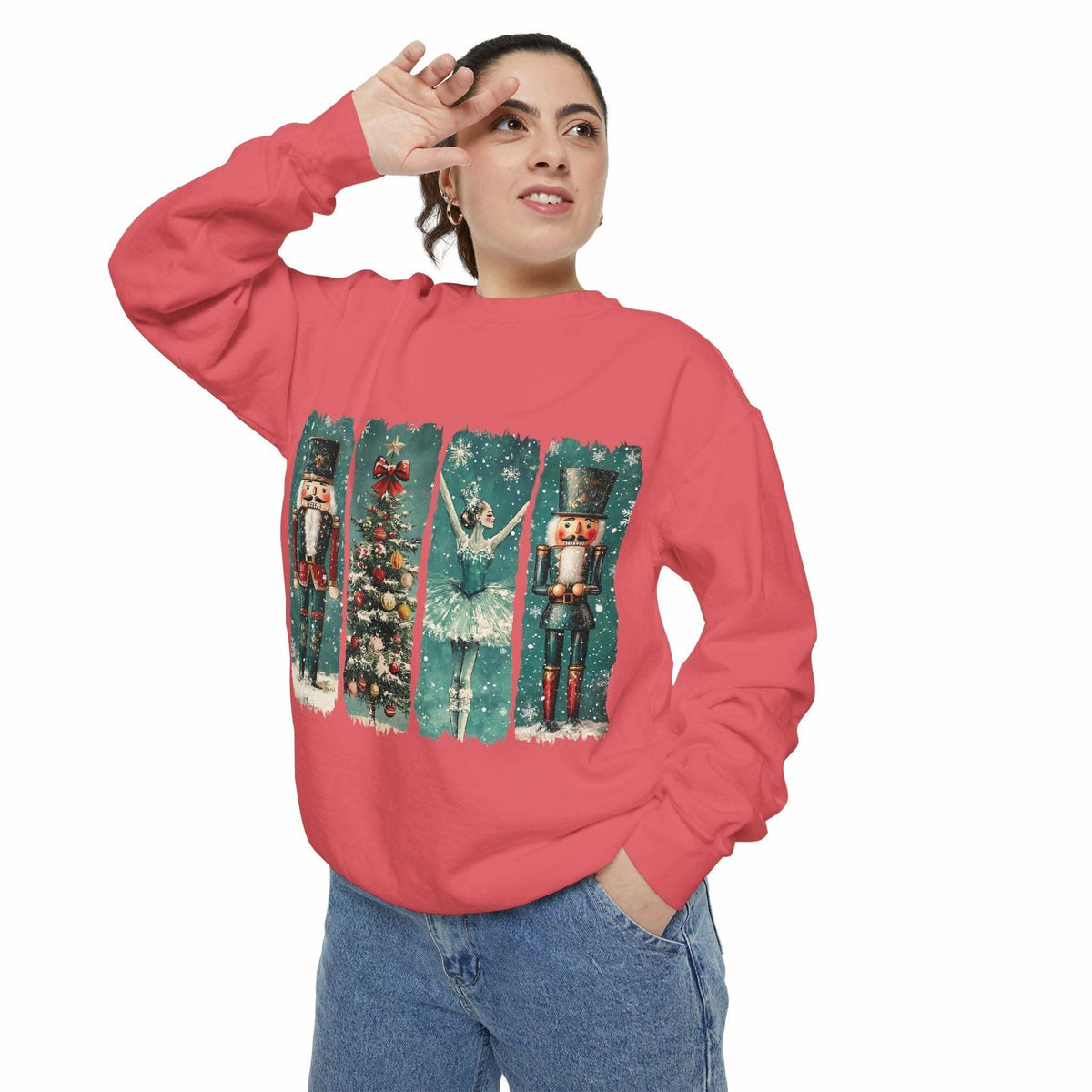 woman wearing vintage Christmas nutcracker watercolor sweatshirt with festive design