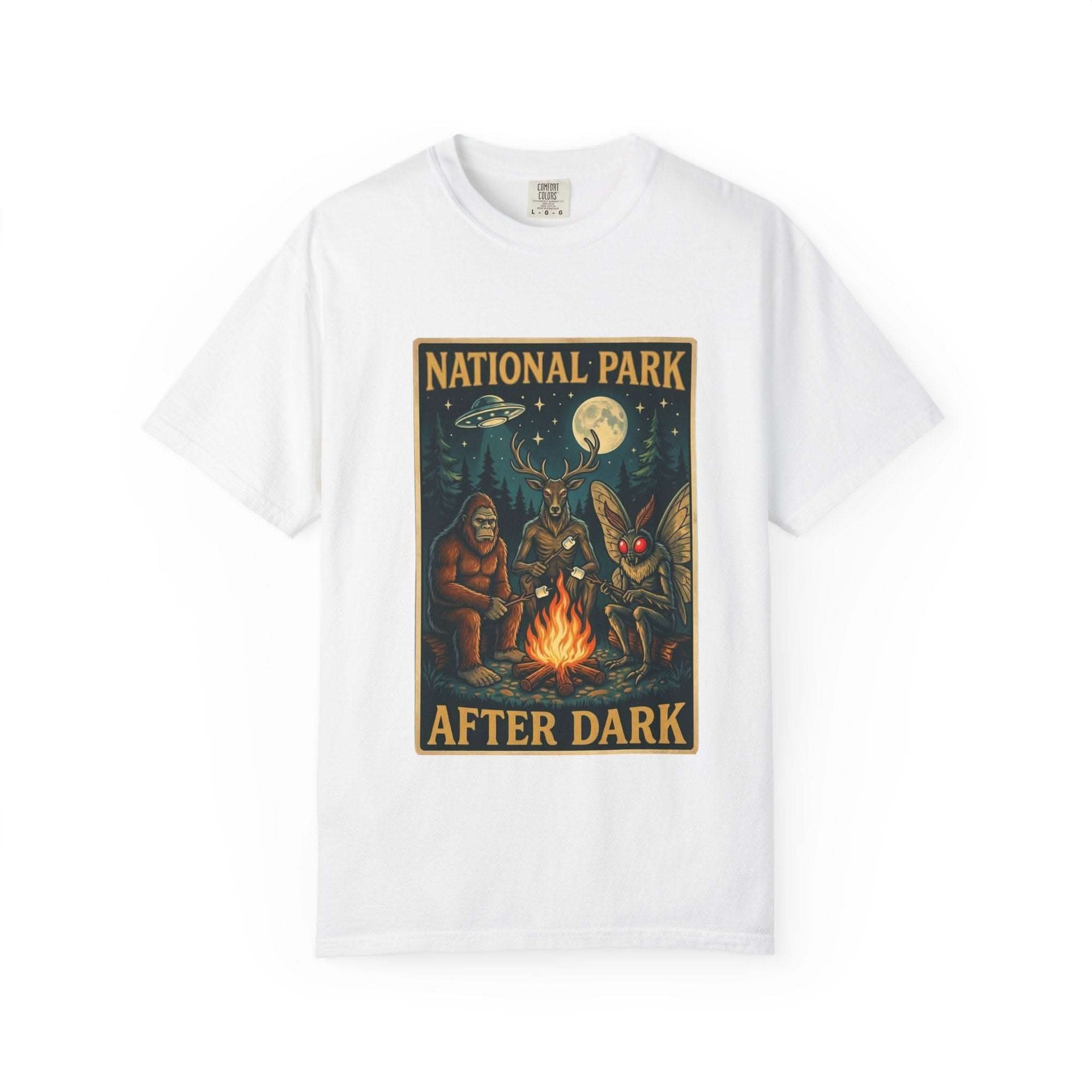 National Park After Dark t-shirt featuring vintage campfire Sasquatch and Mothman night creatures design