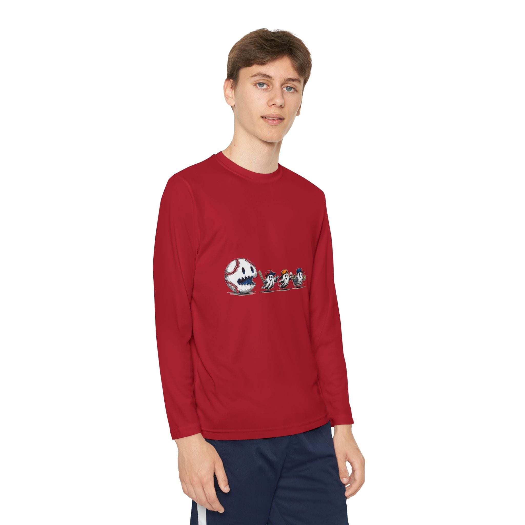 Youth Tee red long sleeve shirt with baseball eating Halloween ghosts graphic design