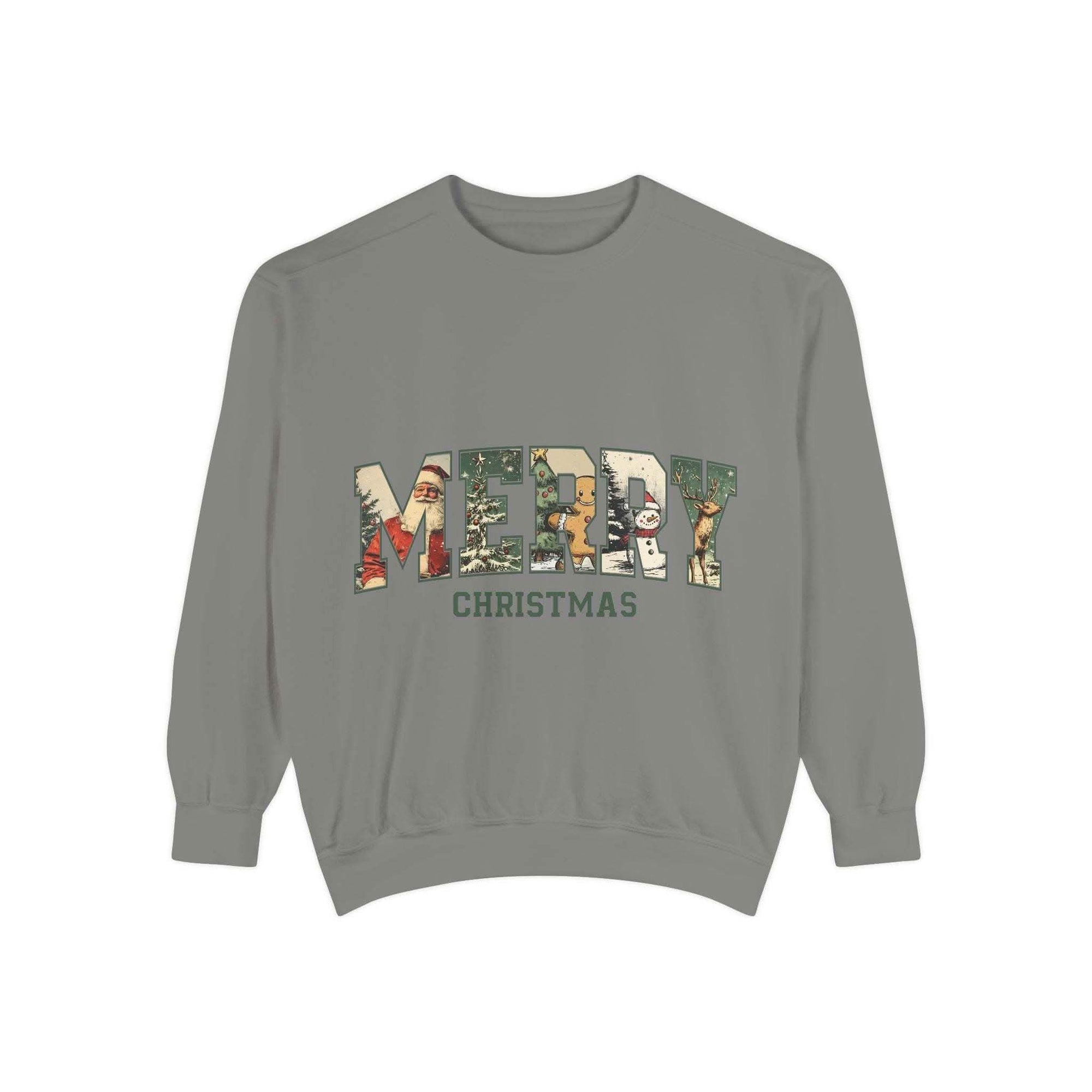White vintage varsity Merry Christmas sweatshirt by Printify, featuring festive holiday lettering