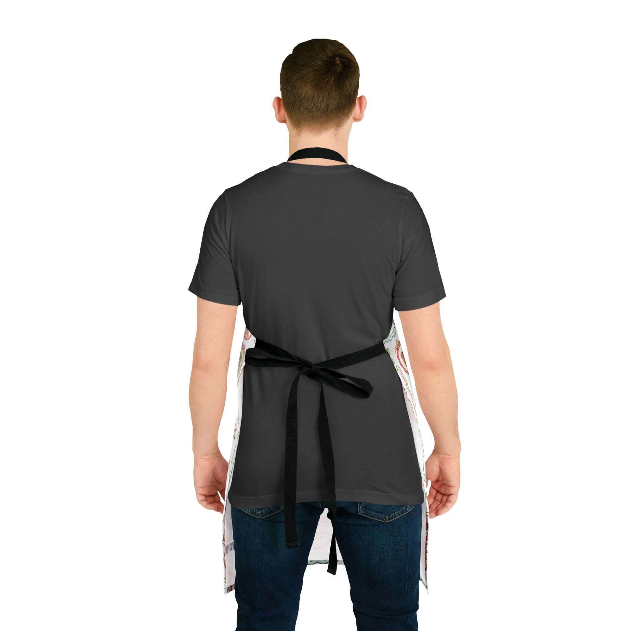 Man wearing Retro Christmas Frames apron with black tie-back closure, viewed from behind