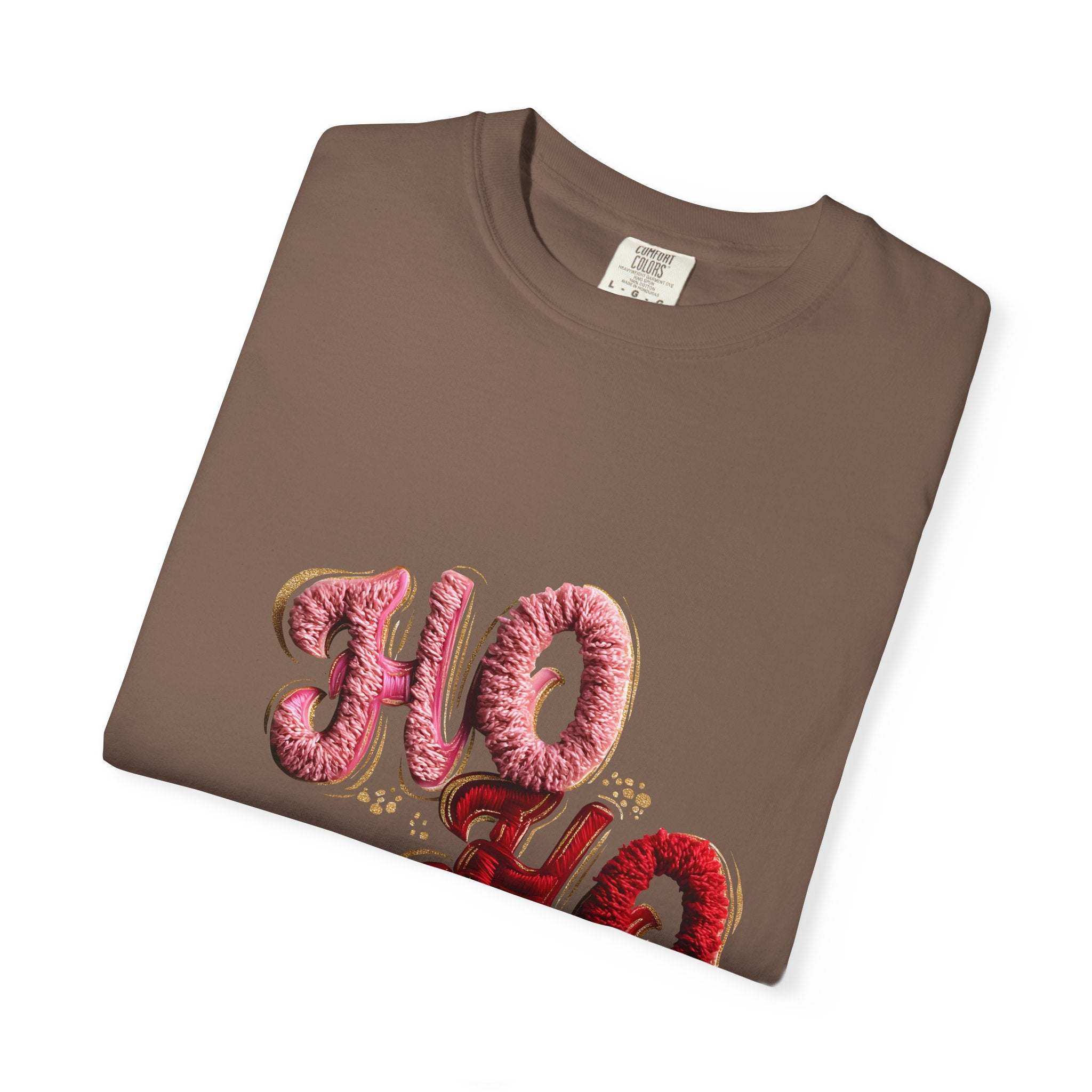 T-Shirt Faux Puffy Crochet Ho, Ho, Ho Christmas Graphic Tee