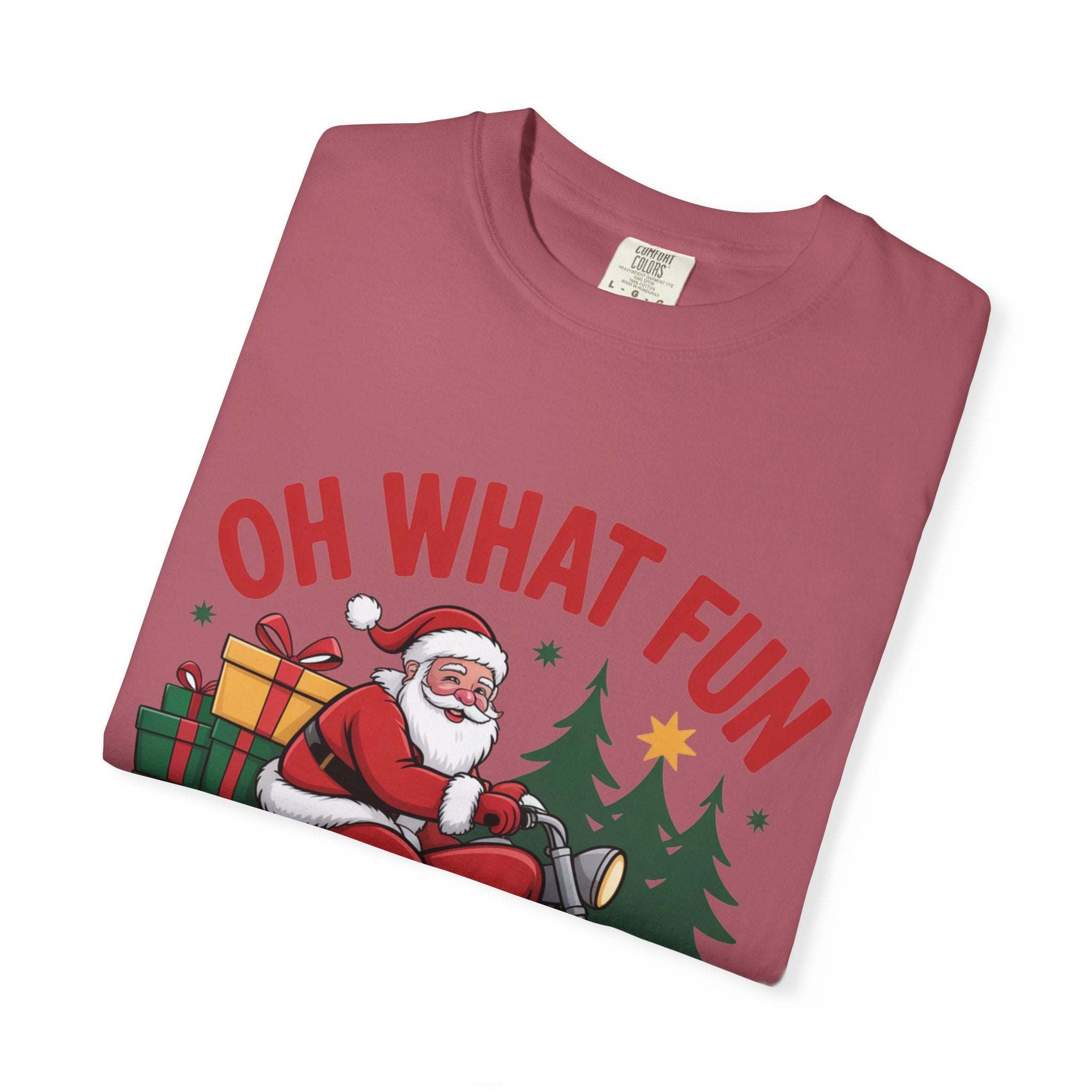 Santa on a motorcycle holiday t-shirt with festive design and gifts