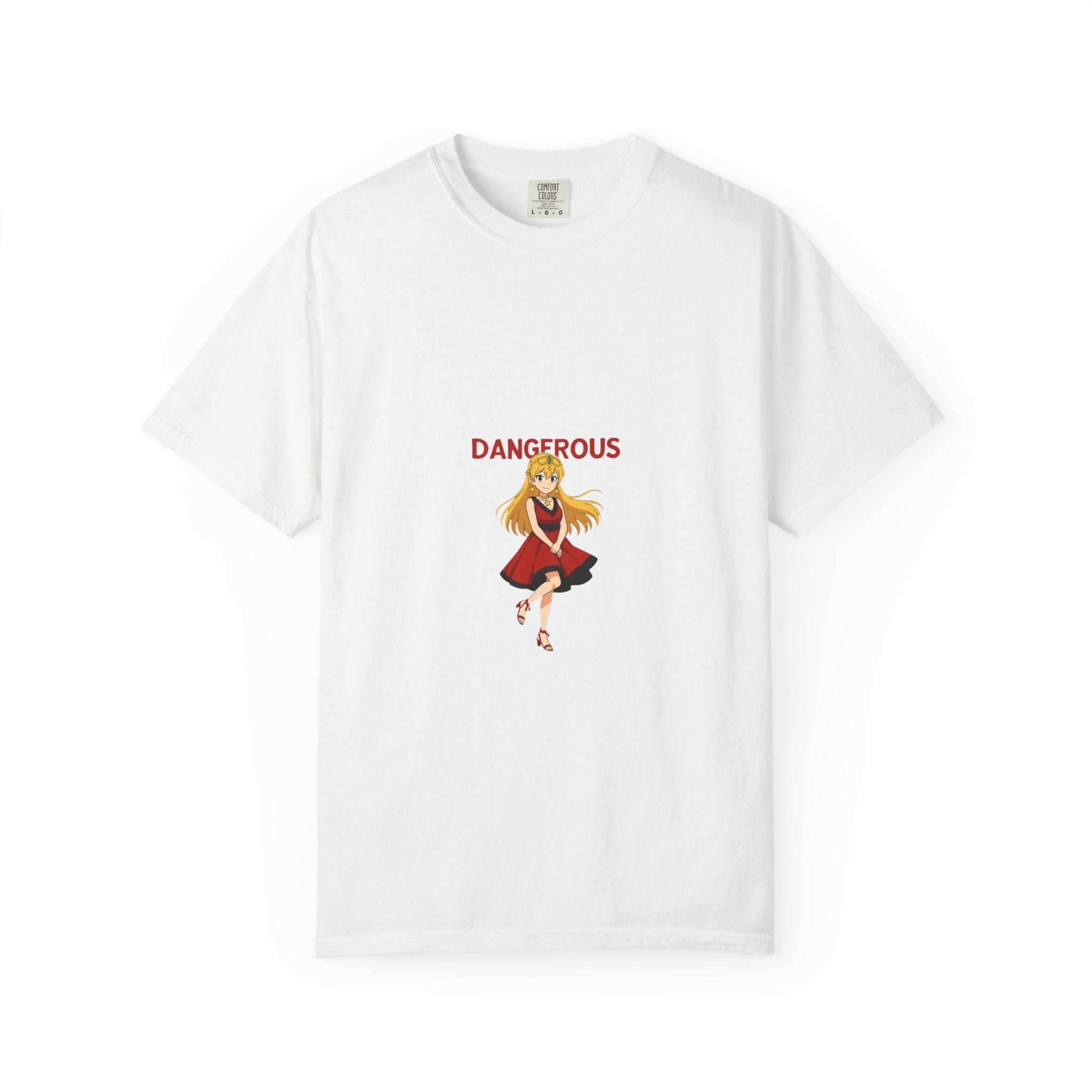 White Anime Dangerous Red Girl T-shirt with red text and anime girl graphic on front
