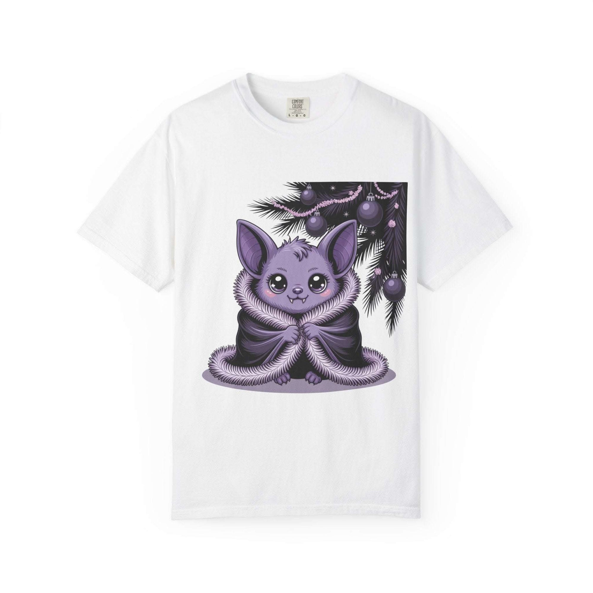 White t-shirt with a purple bat graphic on a white background