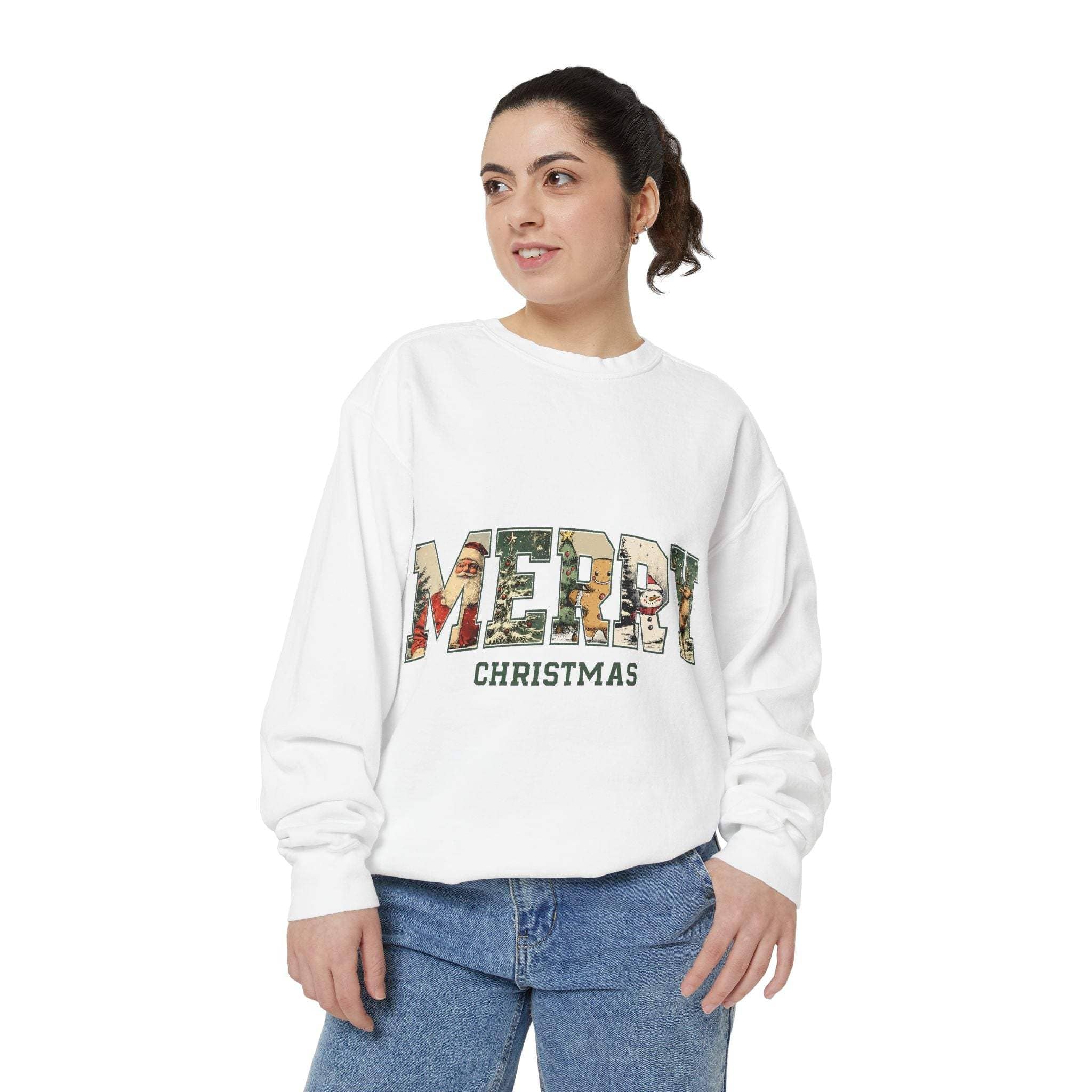 Woman wearing white Vintage Varsity Merry Christmas sweatshirt with festive lettering and blue jeans