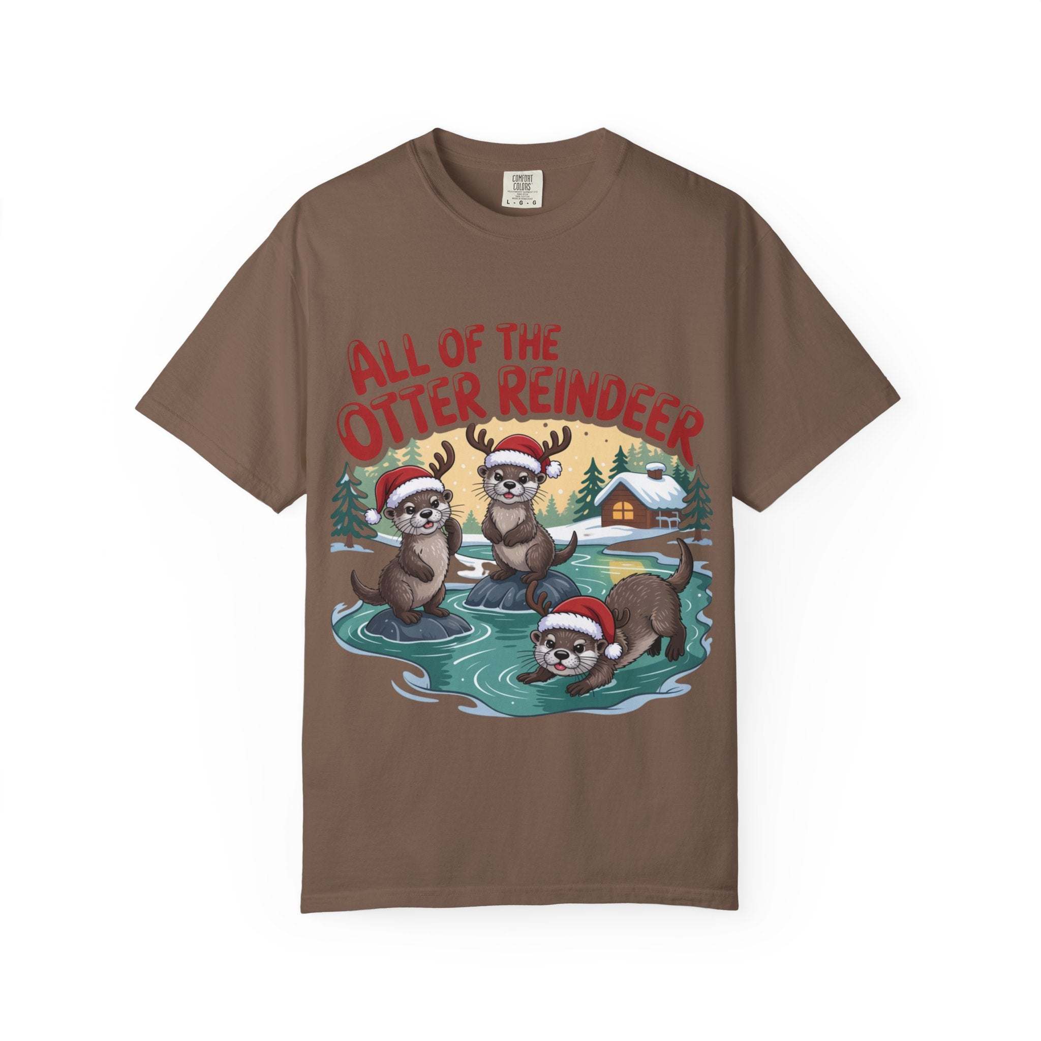 Brown Otter Reindeer Tee with festive otters wearing Santa hats in a winter scene