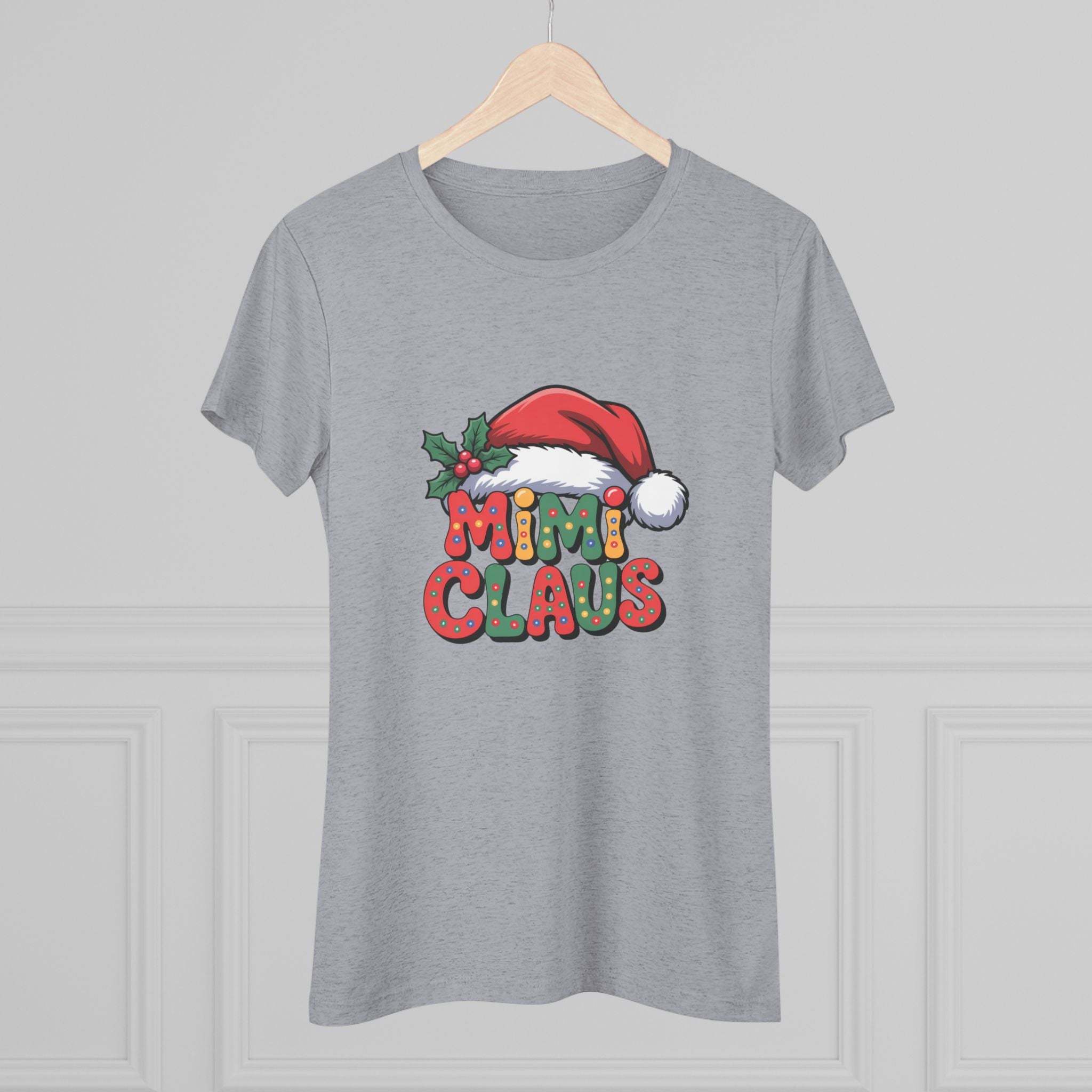 Women T-shirt with festive Mimi Claus design and Santa hat in soft triblend fabric for Christmas holiday