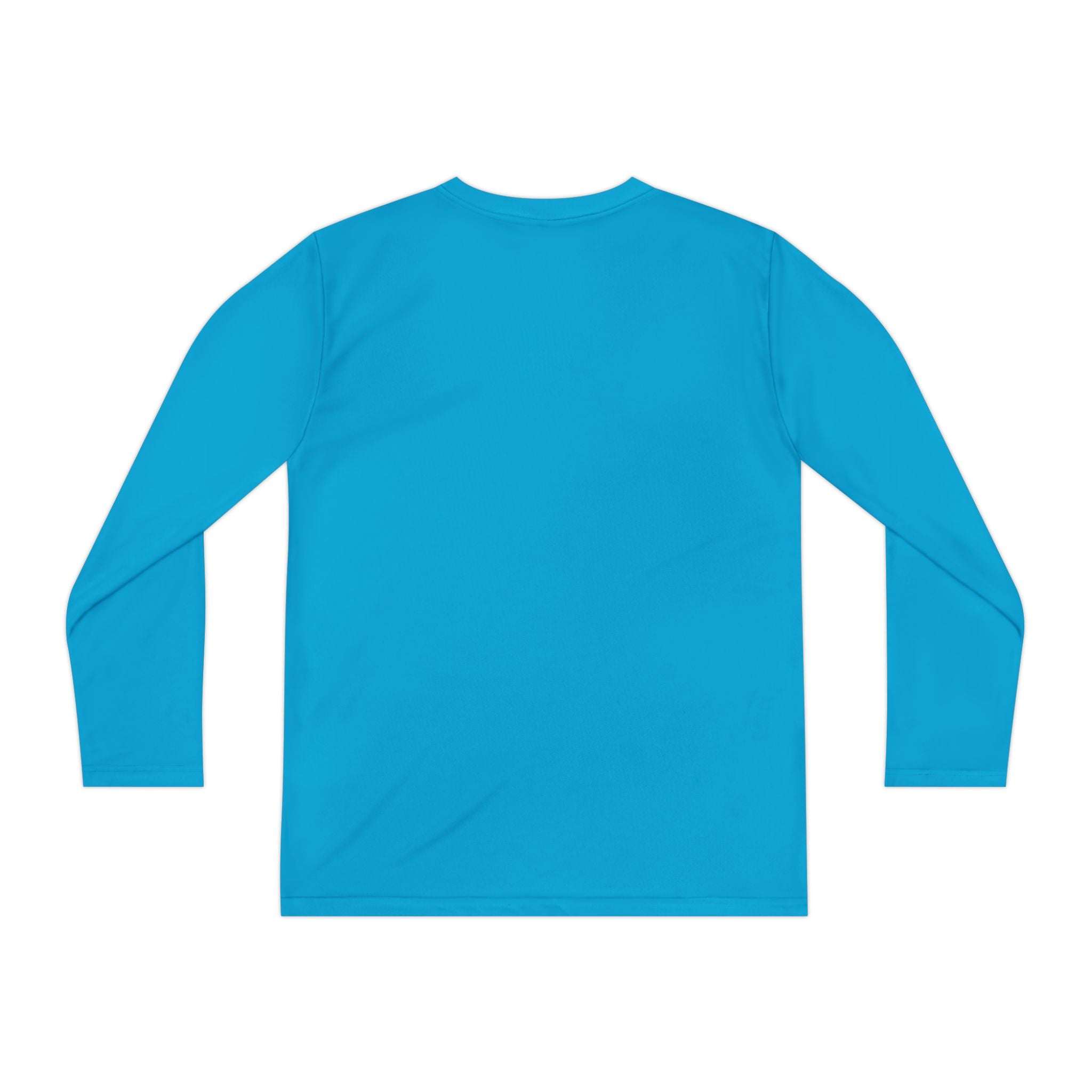 Blue long sleeve youth tee with moisture-wicking fabric and athletic fit.