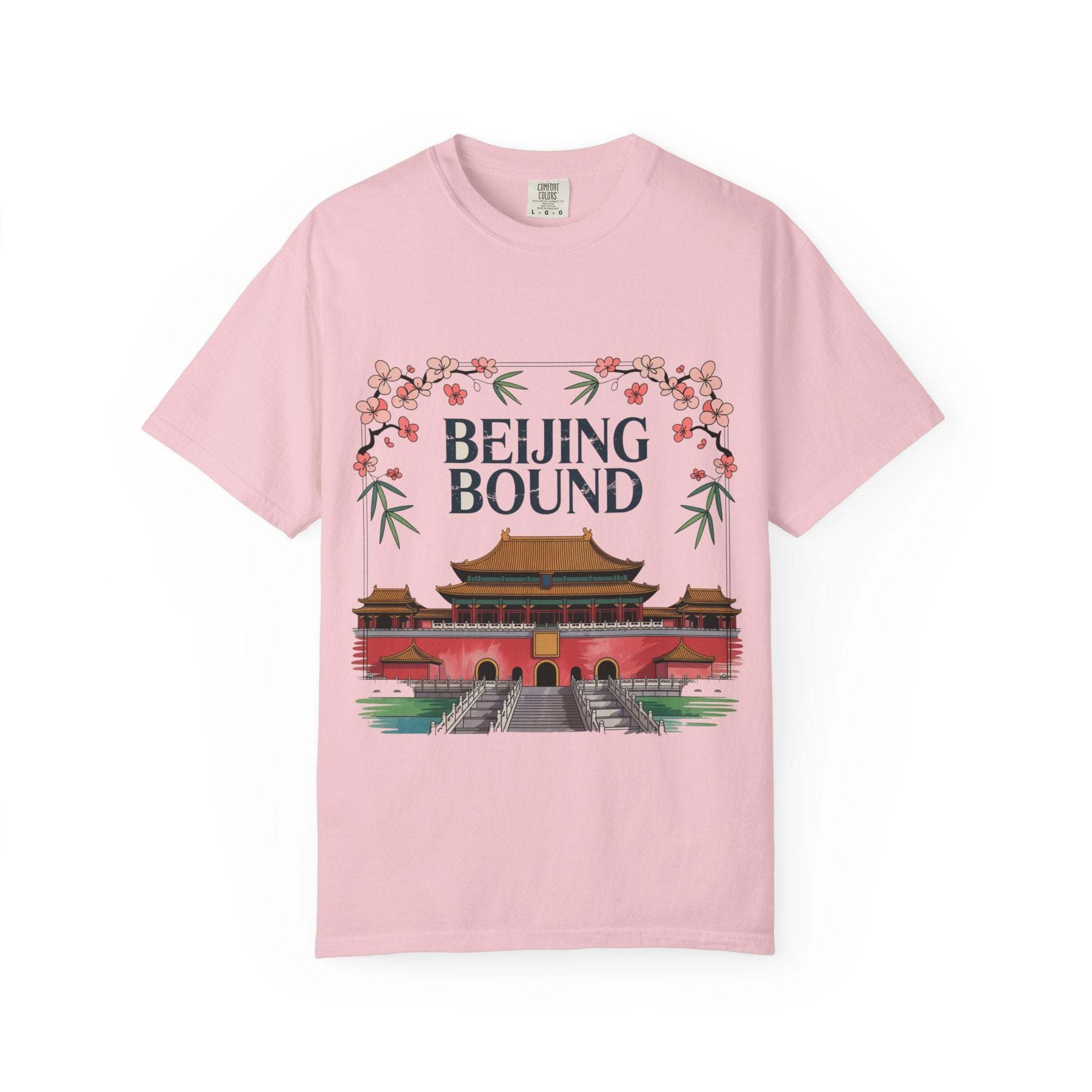 White cotton travel T-shirt featuring 'Beijing Bound Travel' design by Printify