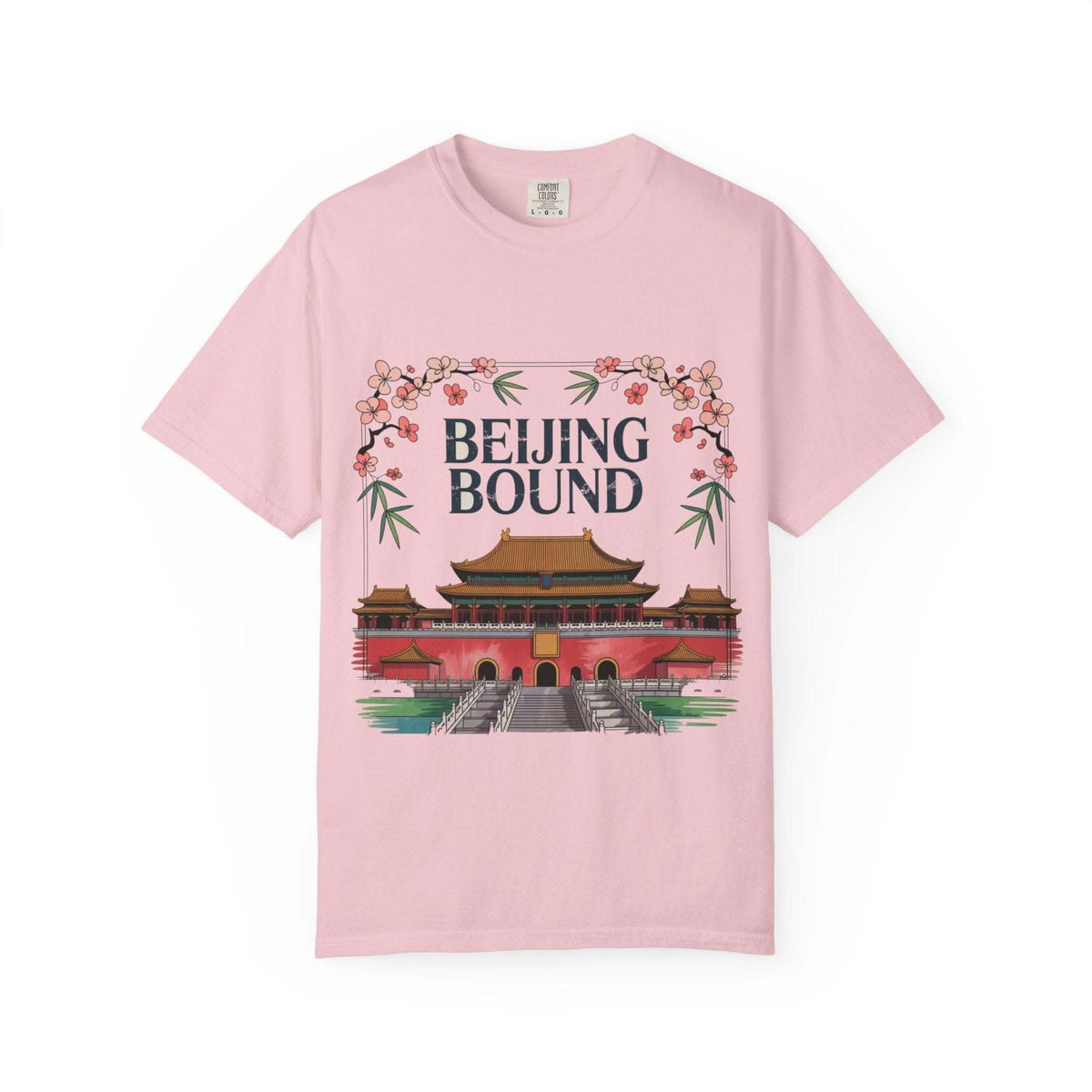 White cotton travel T-shirt featuring 'Beijing Bound Travel' design by Printify