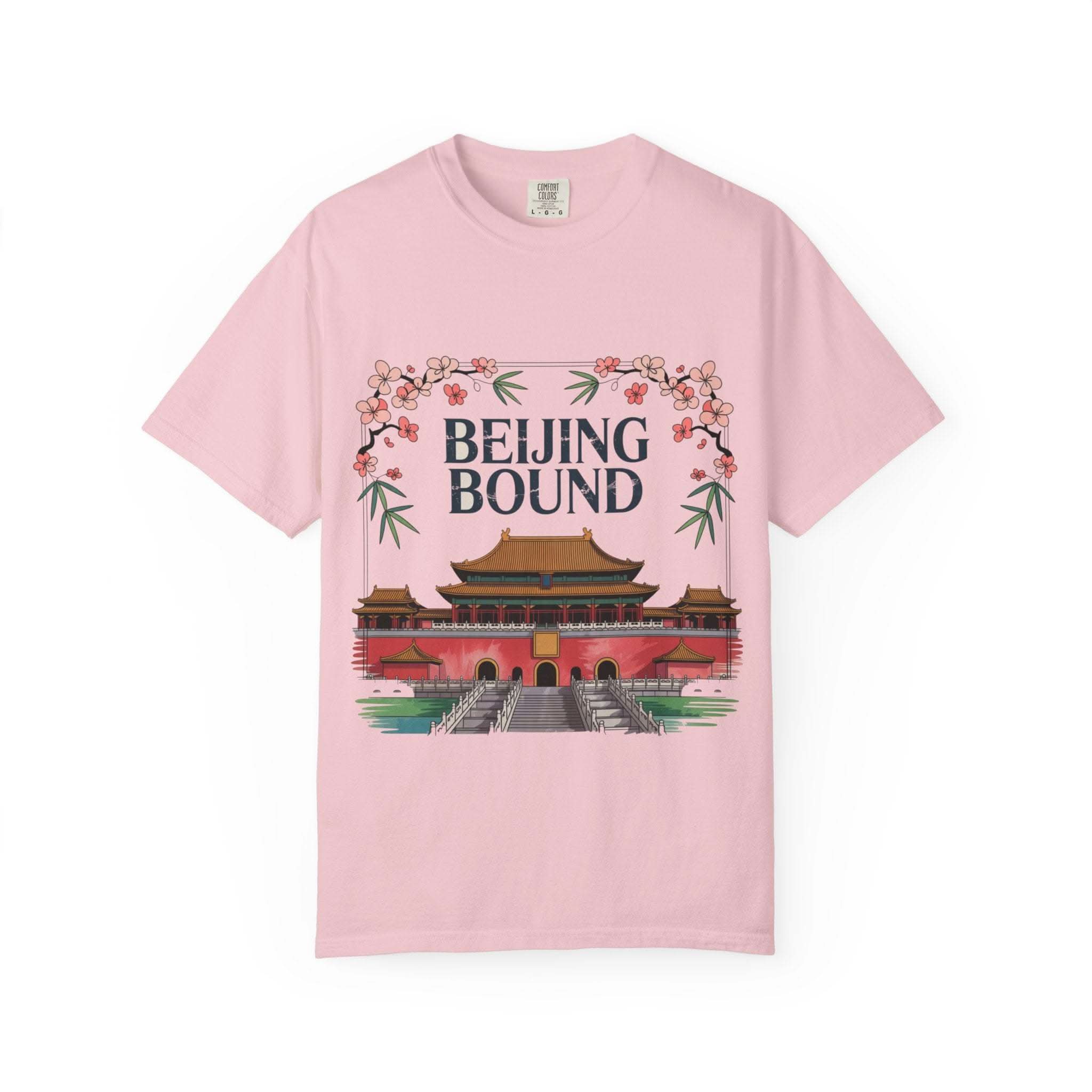 White cotton travel T-shirt featuring 'Beijing Bound Travel' design by Printify