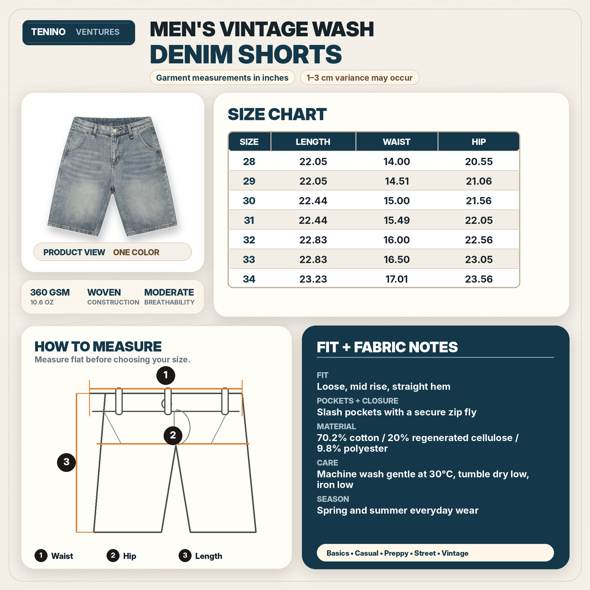 Men’s vintage wash denim shorts with loose fit, mid-rise waist, zip fly, and straight hem in blue vintage wash