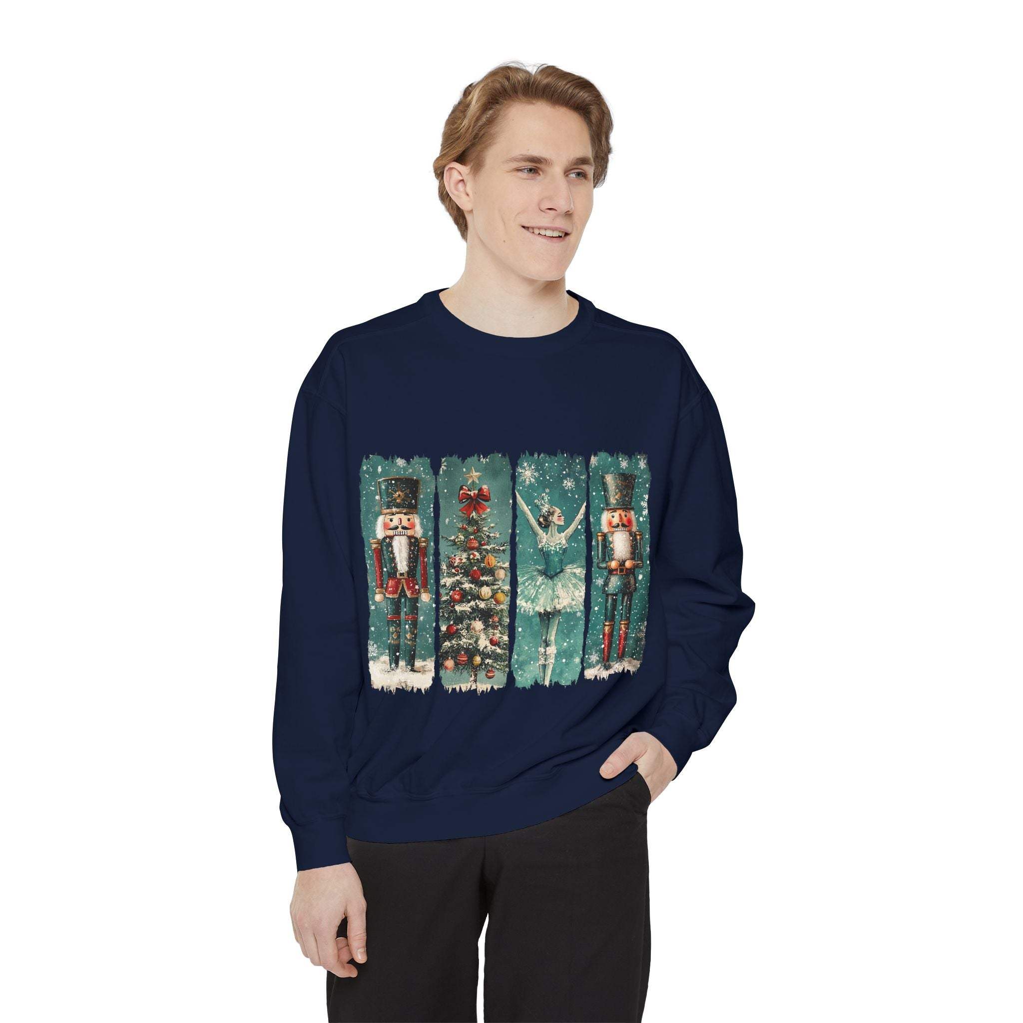 Man wearing navy vintage Christmas Nutcracker sweatshirt with watercolor nutcracker and holiday design