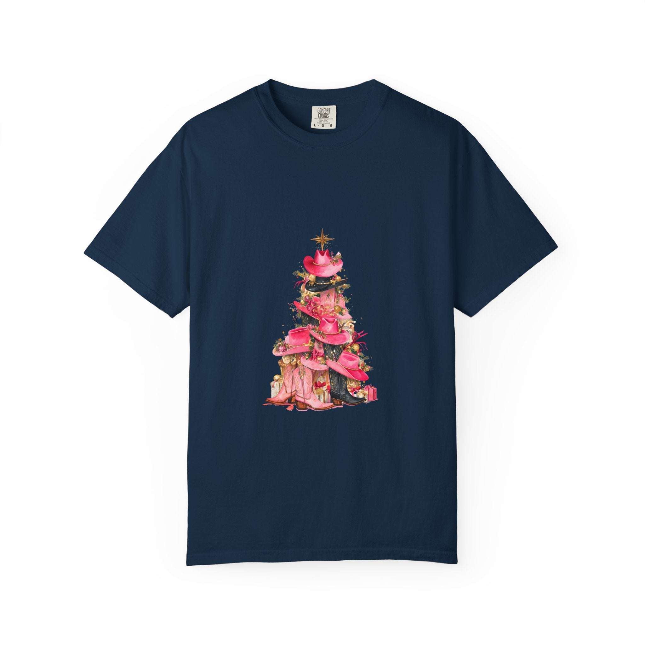 Pepper-colored cotton t-shirt featuring a festive cowgirl Christmas tree design by Printify
