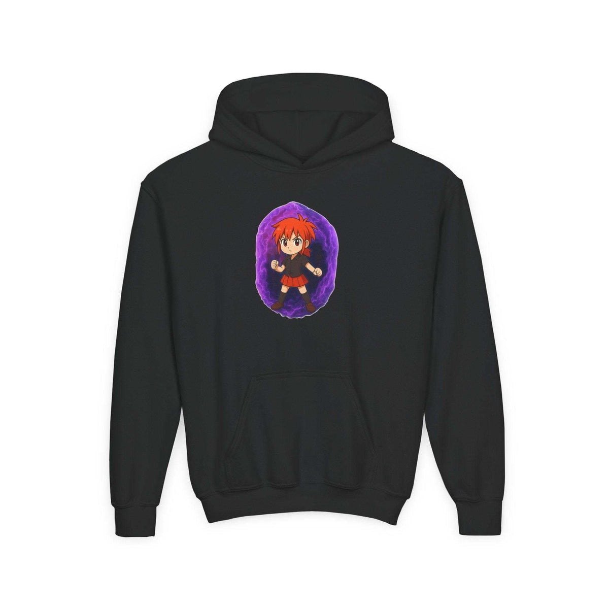 Anime-inspired purple youth hoodie sweatshirt featuring a Power Girl design, available in Printify brand.