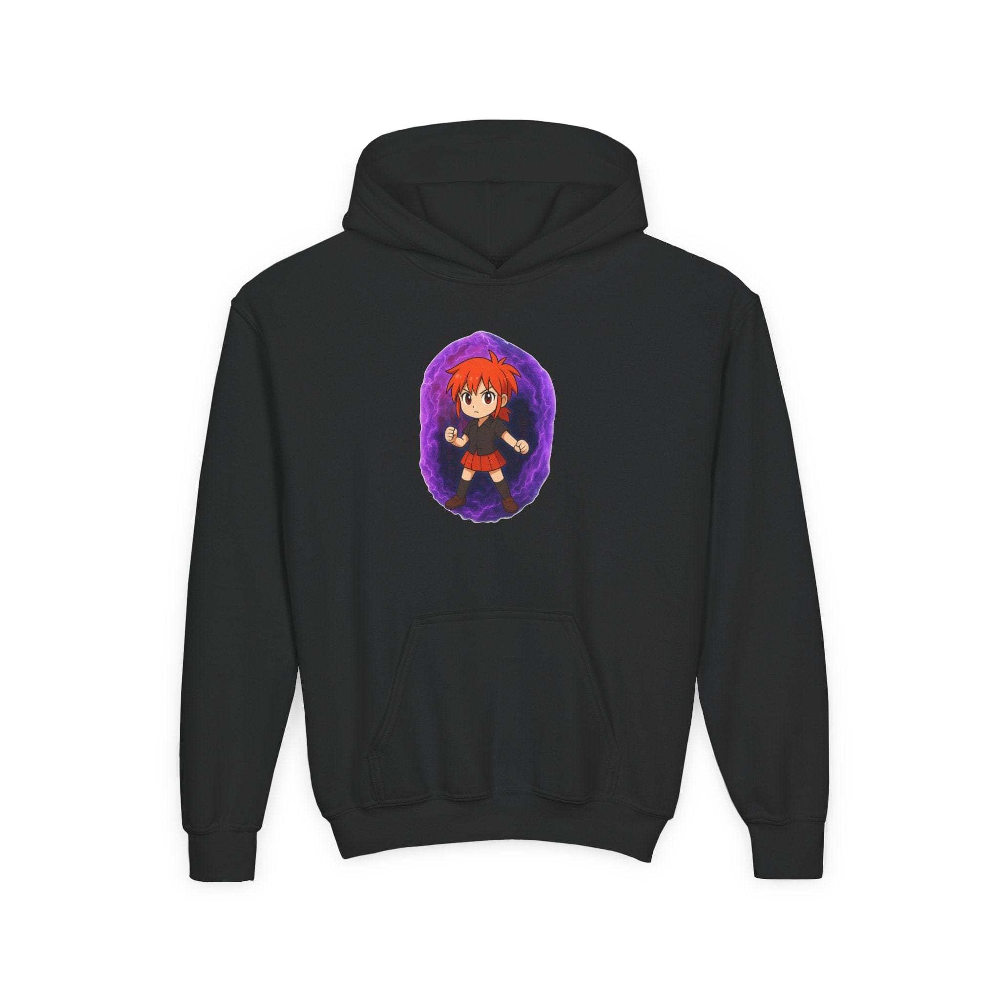 Anime-inspired purple youth hoodie sweatshirt featuring a Power Girl design, available in Printify brand.