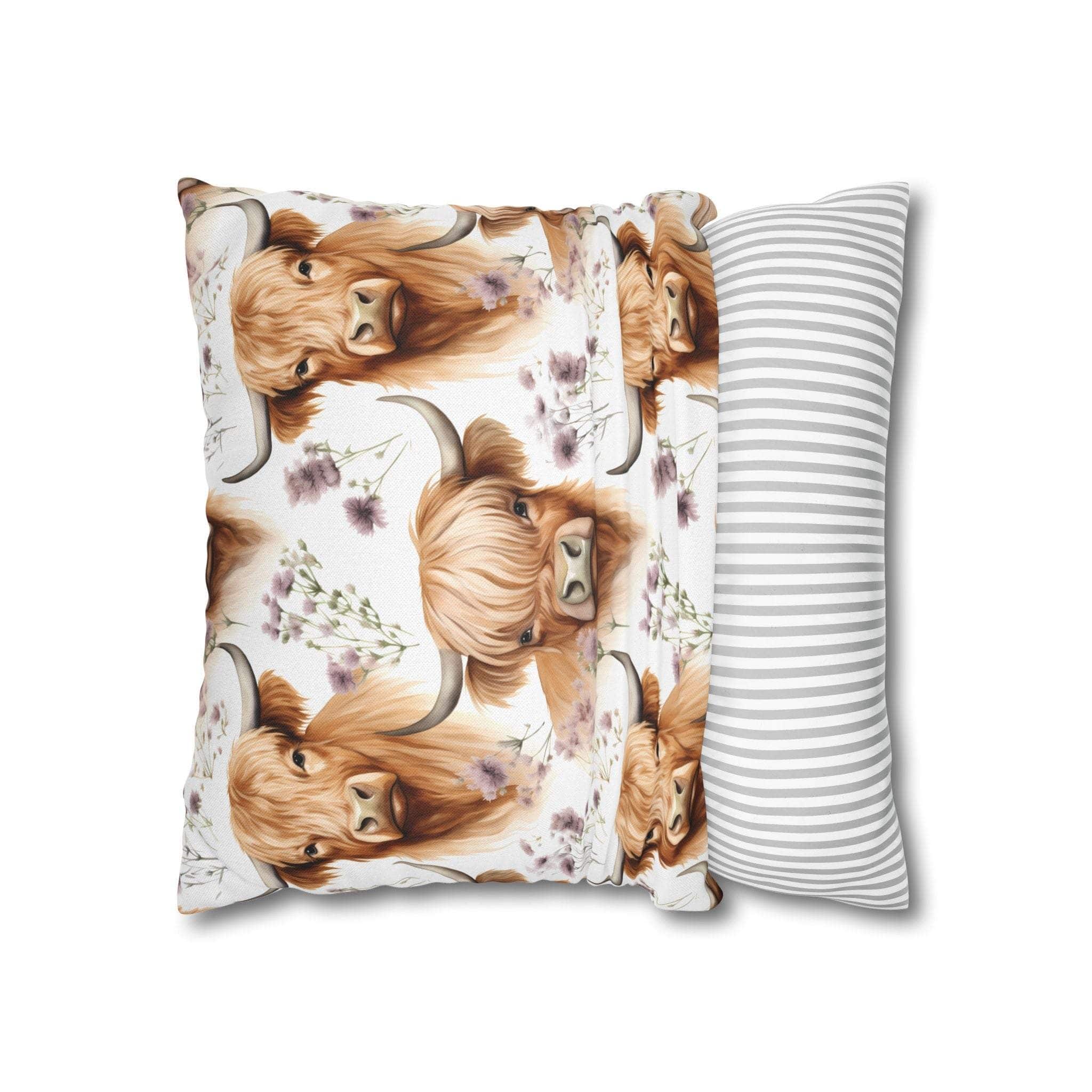 Floral Highland Cow pillowcase with delicate blooms and long-haired cow design on soft fabric
