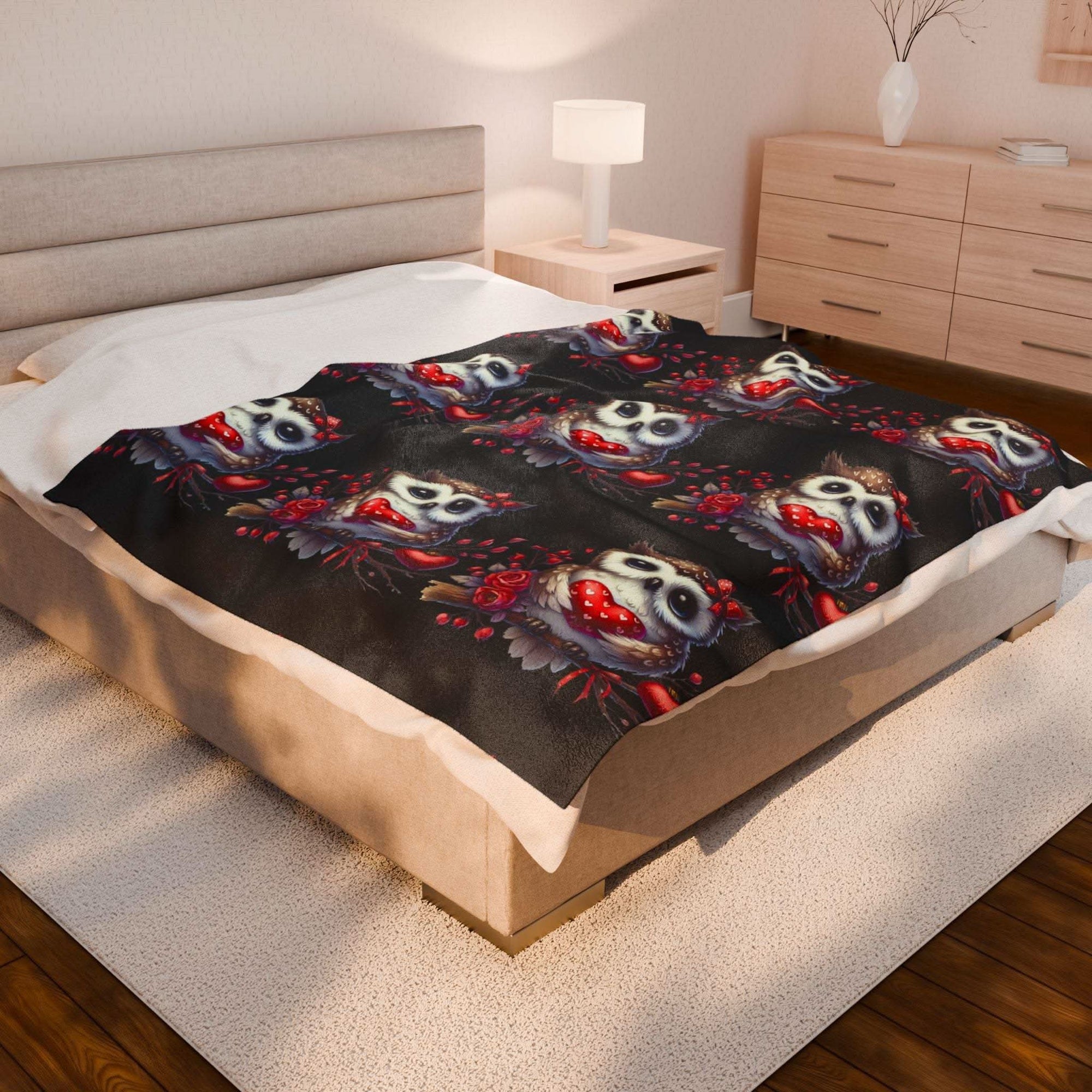 Floral Valentine Owl velveteen plush blanket with vibrant owl holding heart and floral design