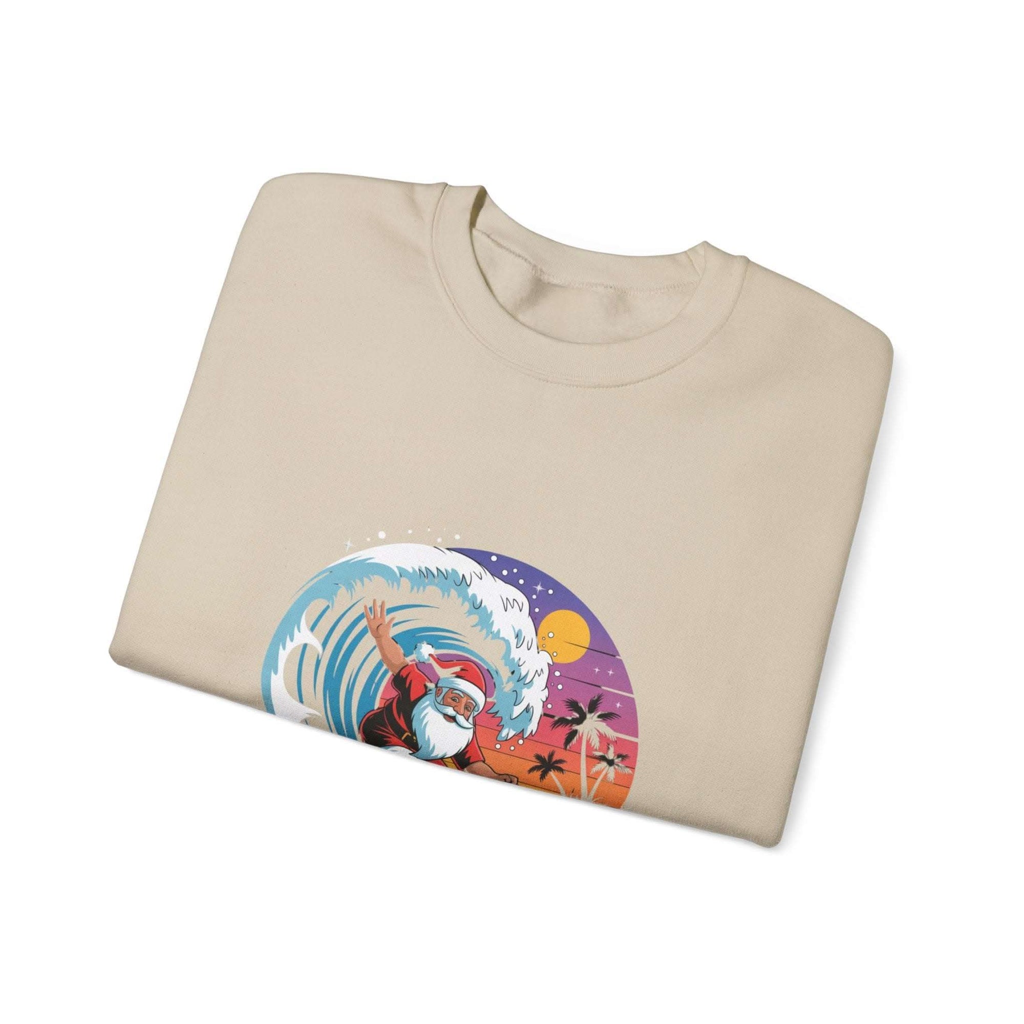 Navy Santa sweatshirt featuring a surfing design, perfect for holiday beachwear by Printify.