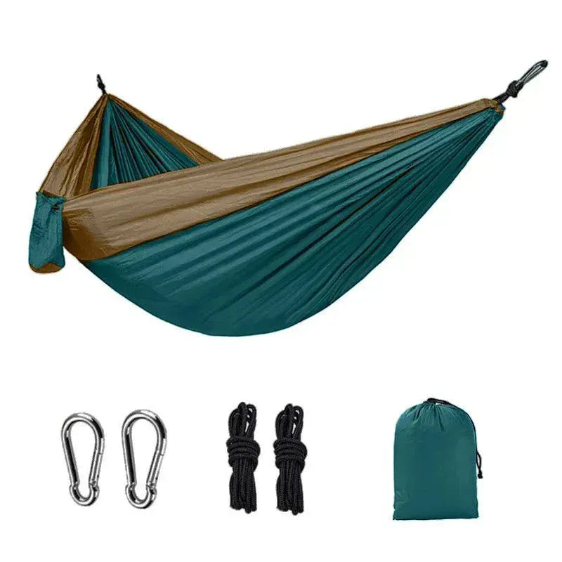 Portable single person outdoor camping hammock with nylon parachute fabric and accessories