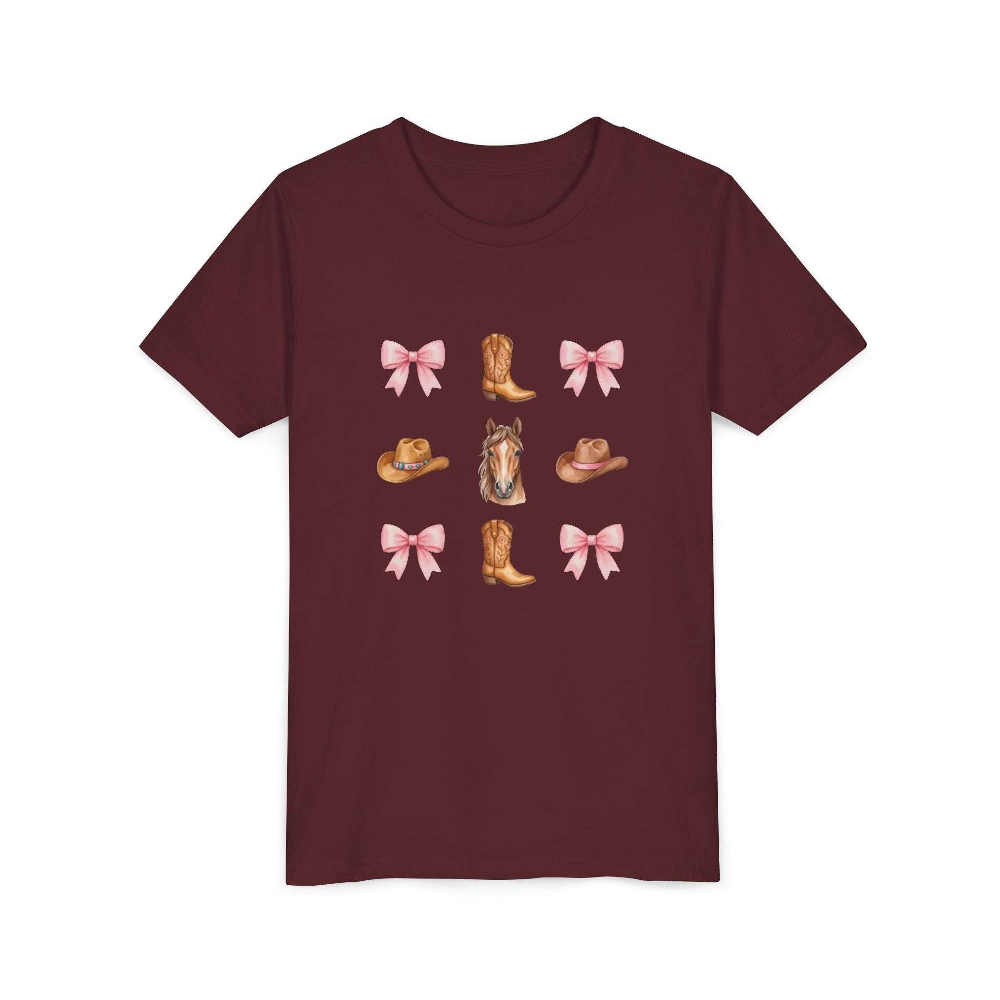 Cowboy Horse & Boots Coquette Bow Pattern Youth Tee | Pink Bows, Western Hat, Rodeo Kids Shirt