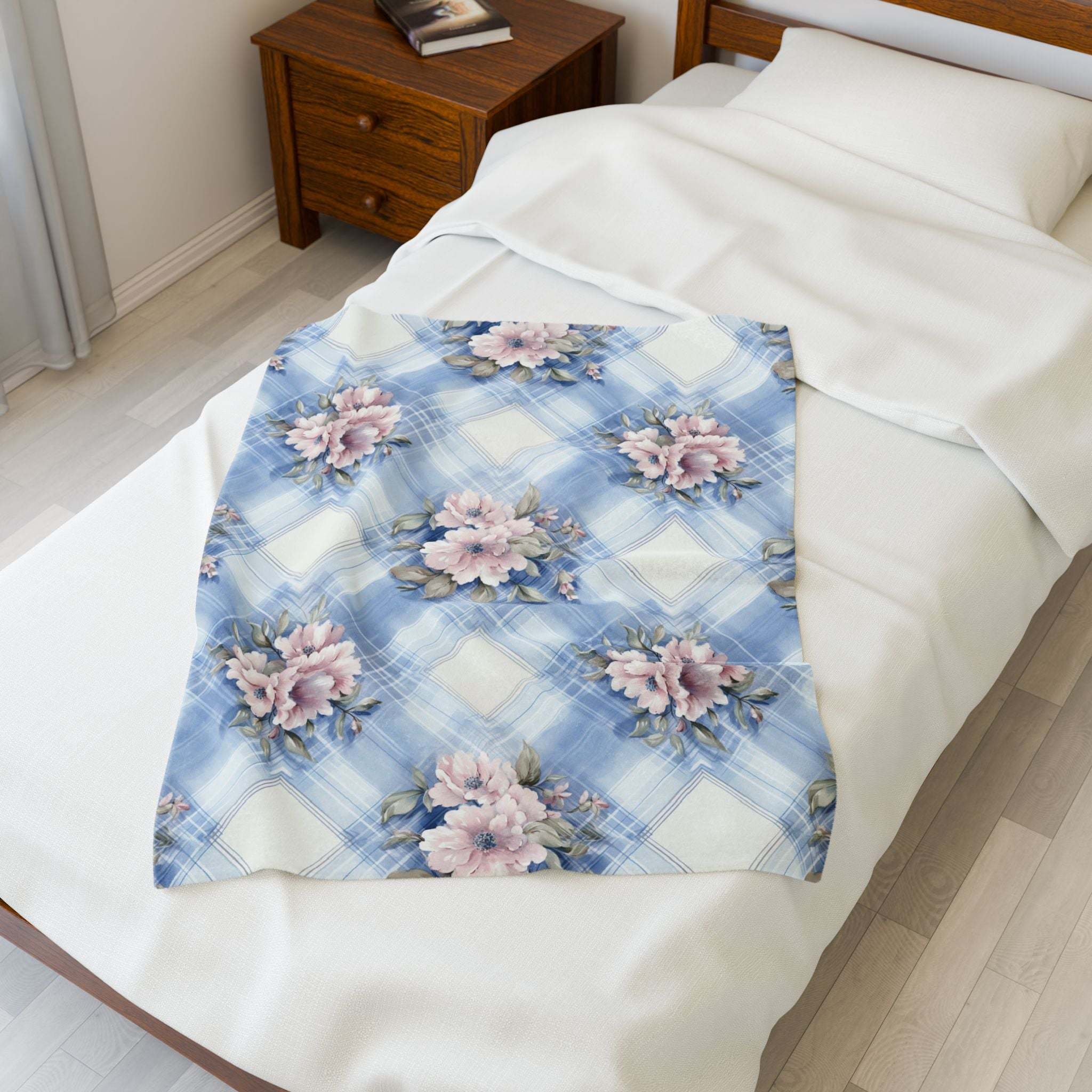 Floral pastel velveteen plush blanket in light blue and pink by Printify, featuring an all-over print design