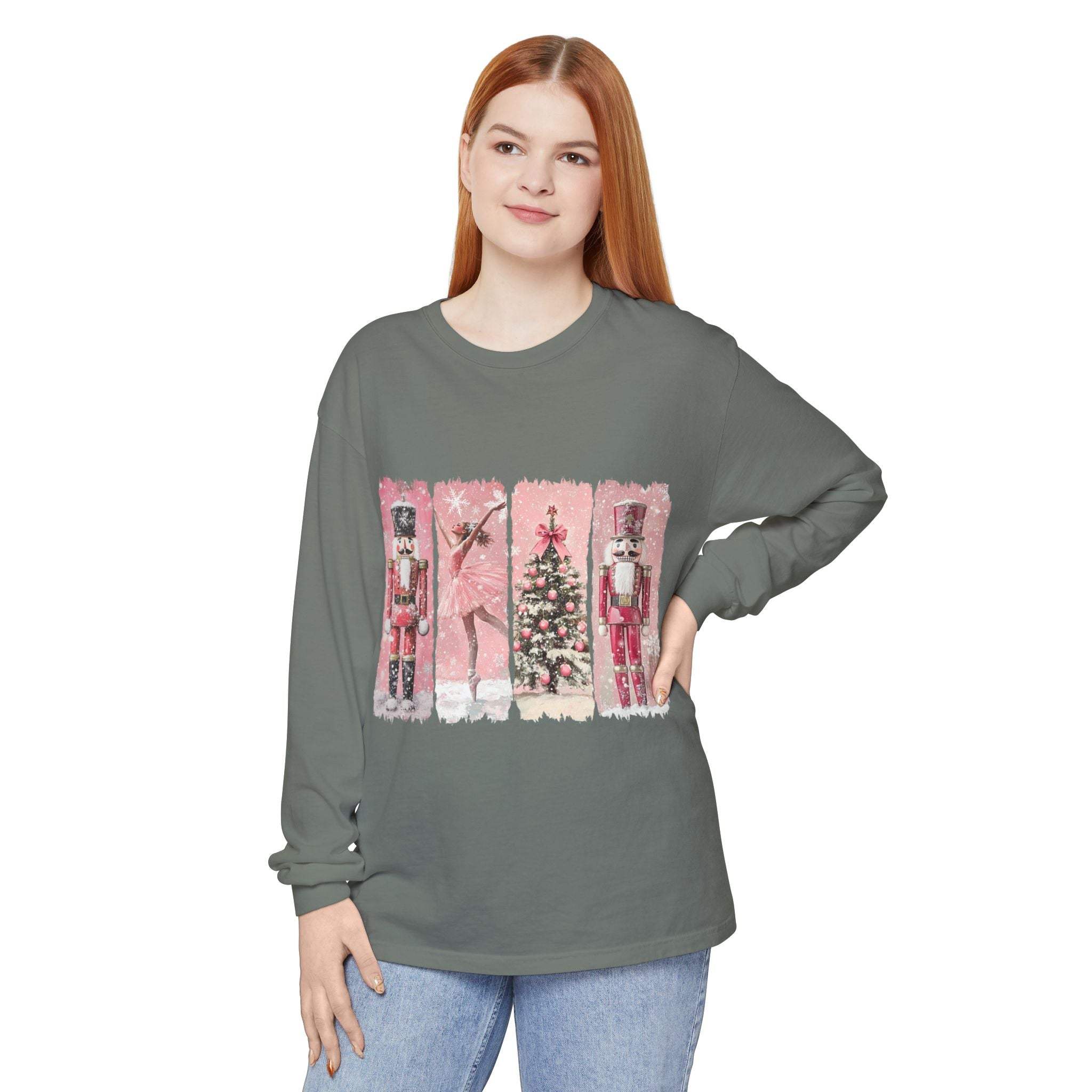 Woman wearing preppy pink watercolor Nutcracker Christmas long sleeve t-shirt