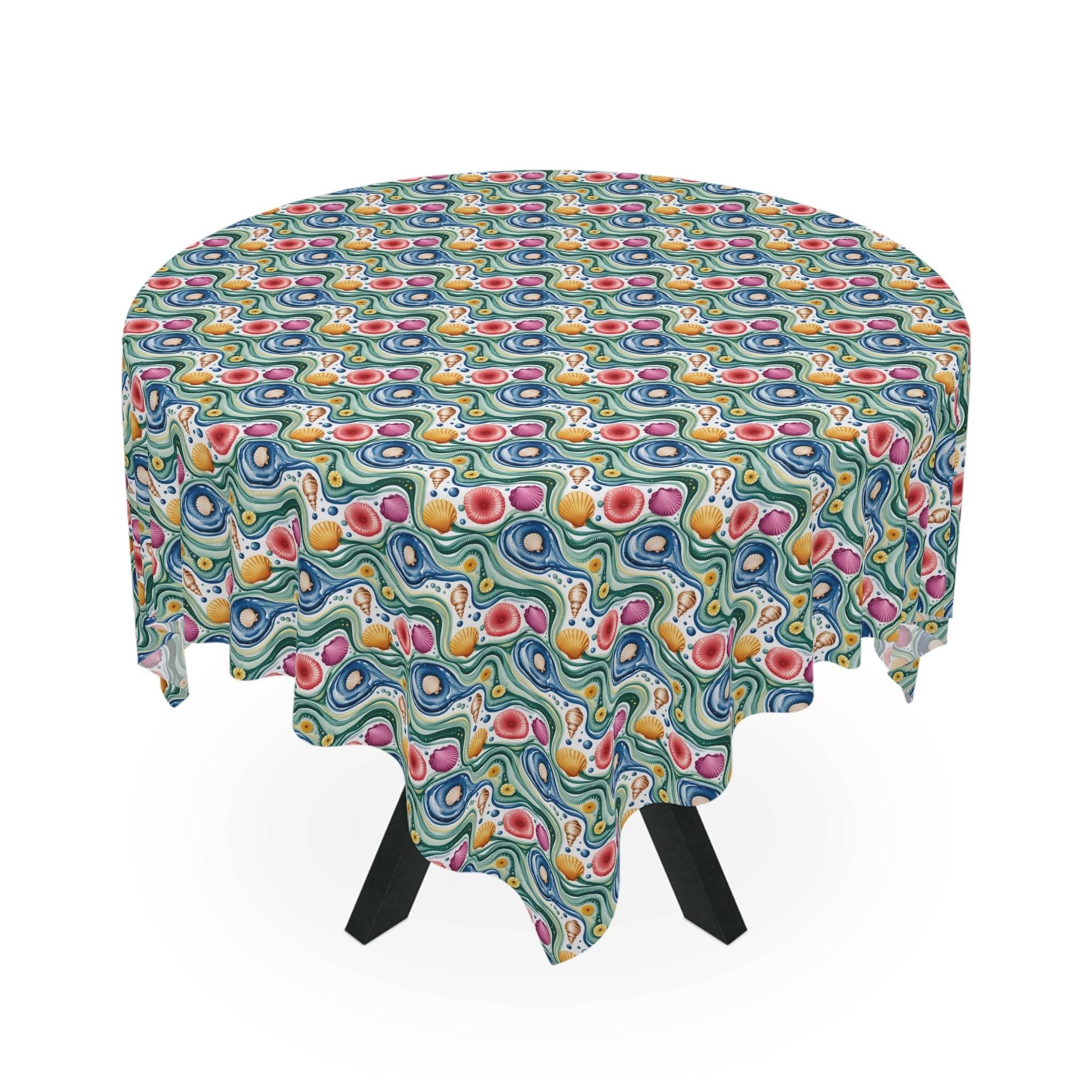 Round table with vibrant coastal shells print tablecloth coastal shells in bright colors