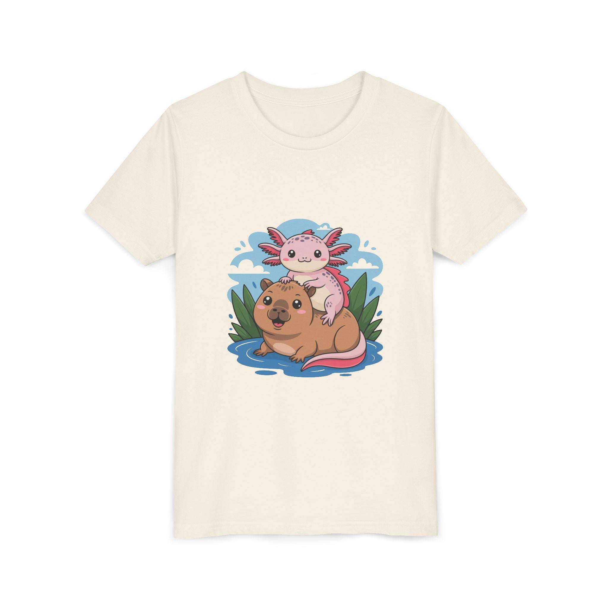 Breathable navy cotton youth tee featuring axolotl on a capybara design by Printify
