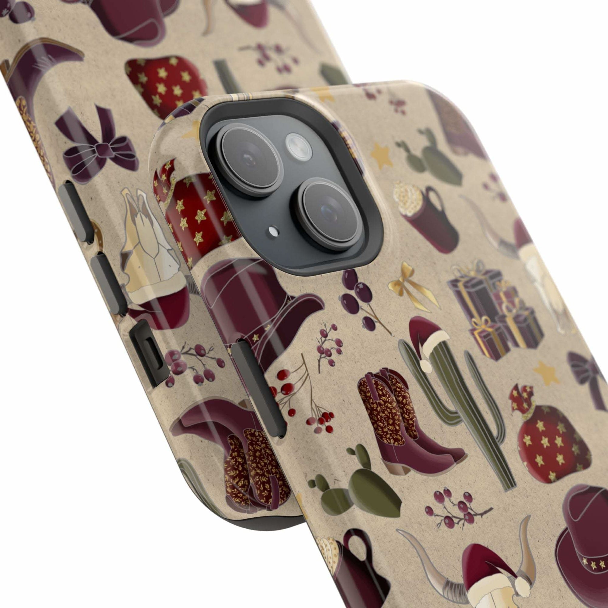 Cowboy Christmas design phone case for iPhone 17 in glossy finish by Printify, featuring festive colors and patterns.