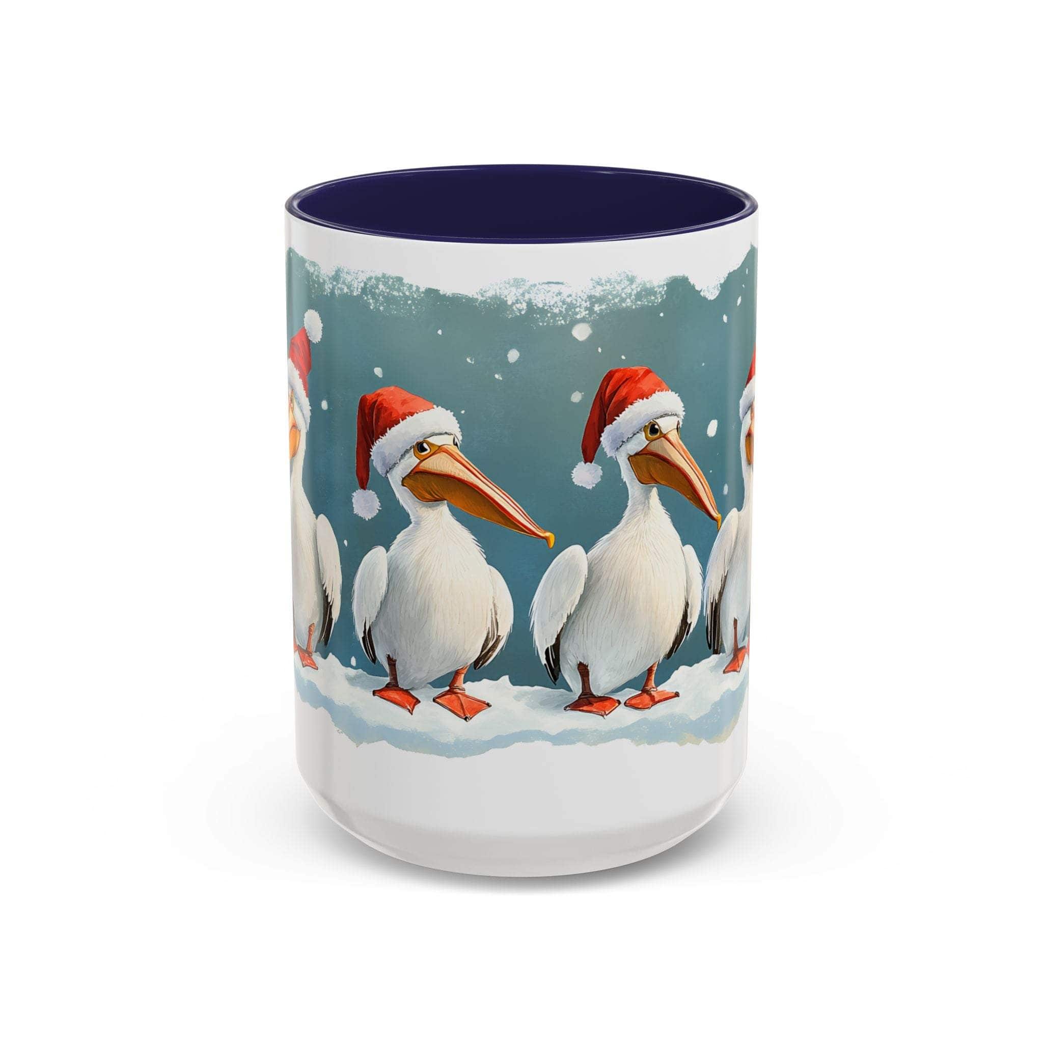 Mug with Christmas design featuring pelicans wearing Santa hats on a white background