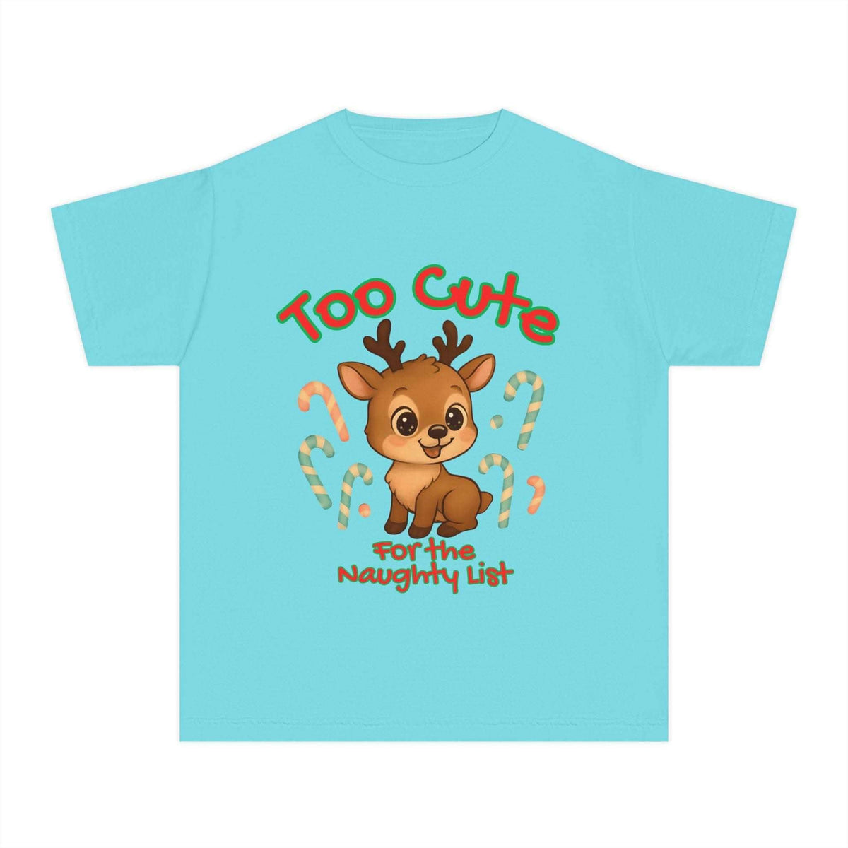 Black youth tee featuring 'Too Cute for the Naughty List' Christmas design by Printify