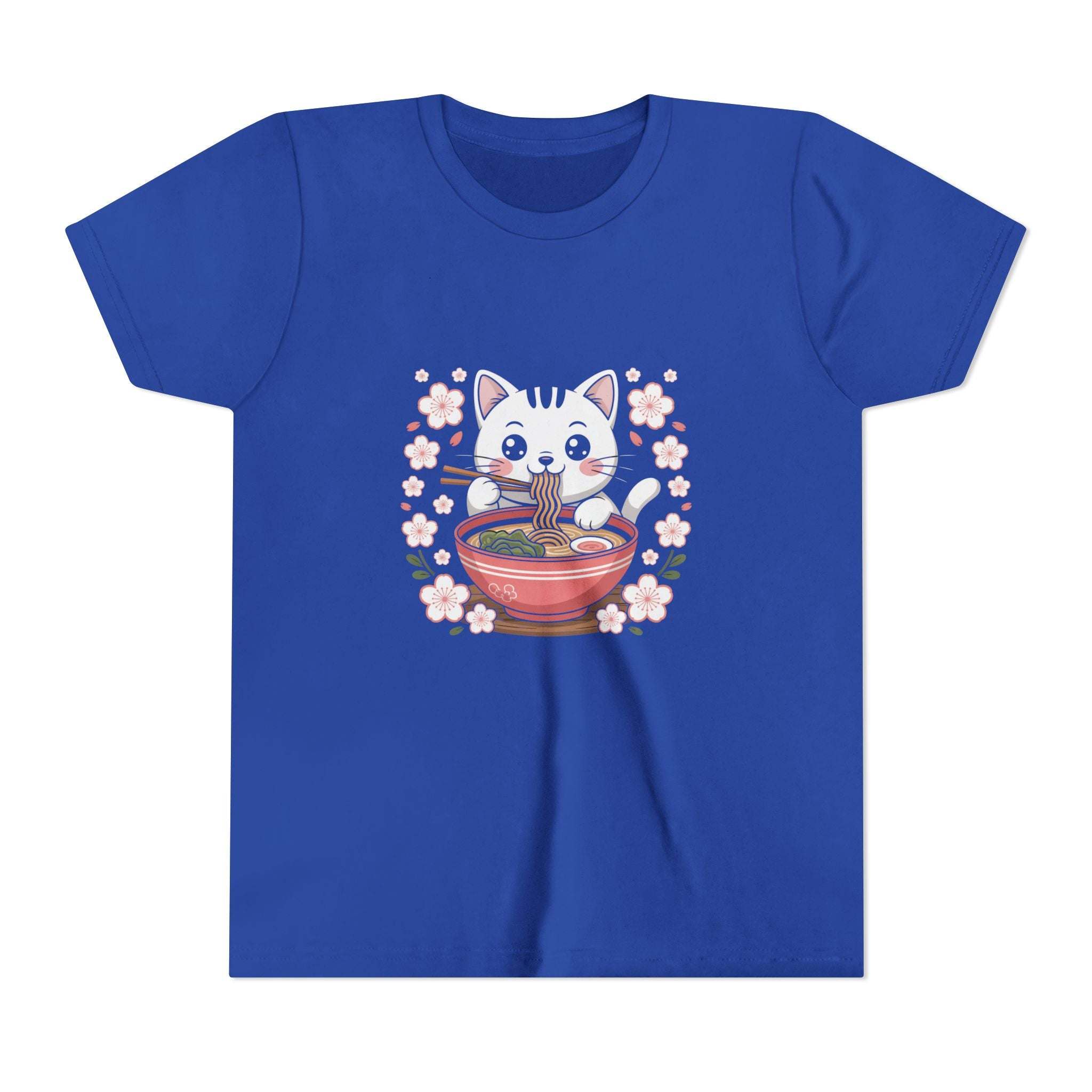 Kawaii cat eating ramen bowl on youth short sleeve tee