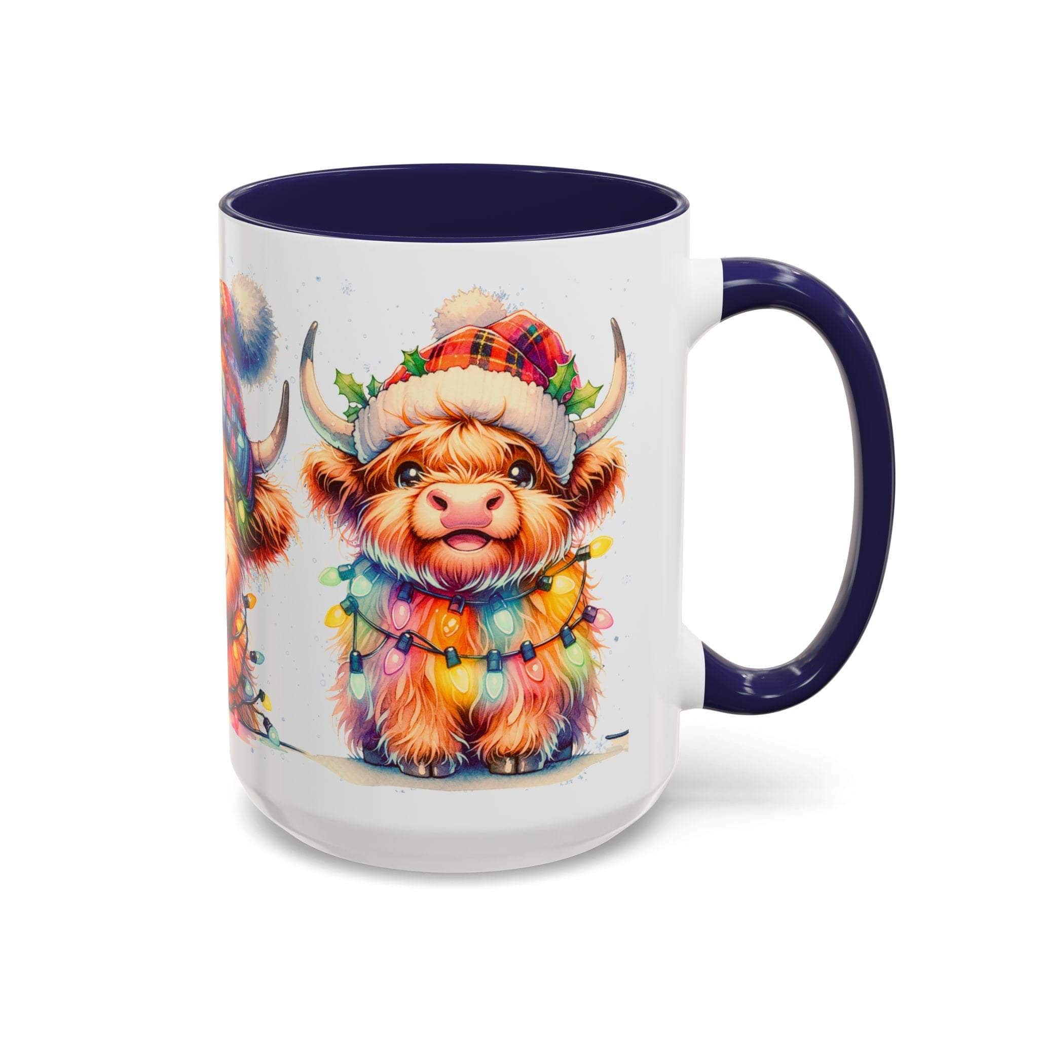 Christmas coffee mug featuring a Scottish Highland Cow illustration with holiday lights and plaid hat, white ceramic with navy handle and interior