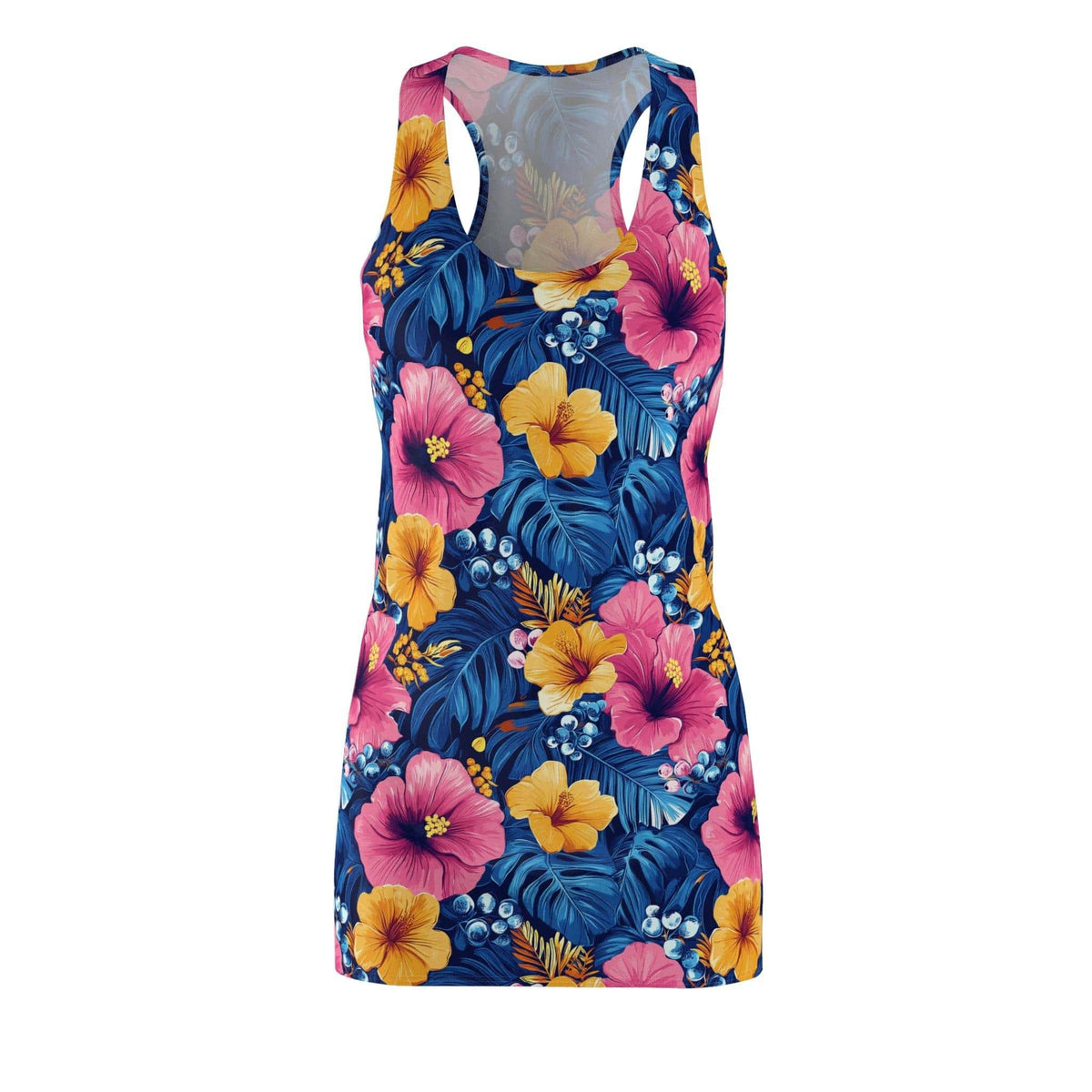 Blue tropical hibiscus floral racerback dress with pink and yellow blooms on lightweight fabric