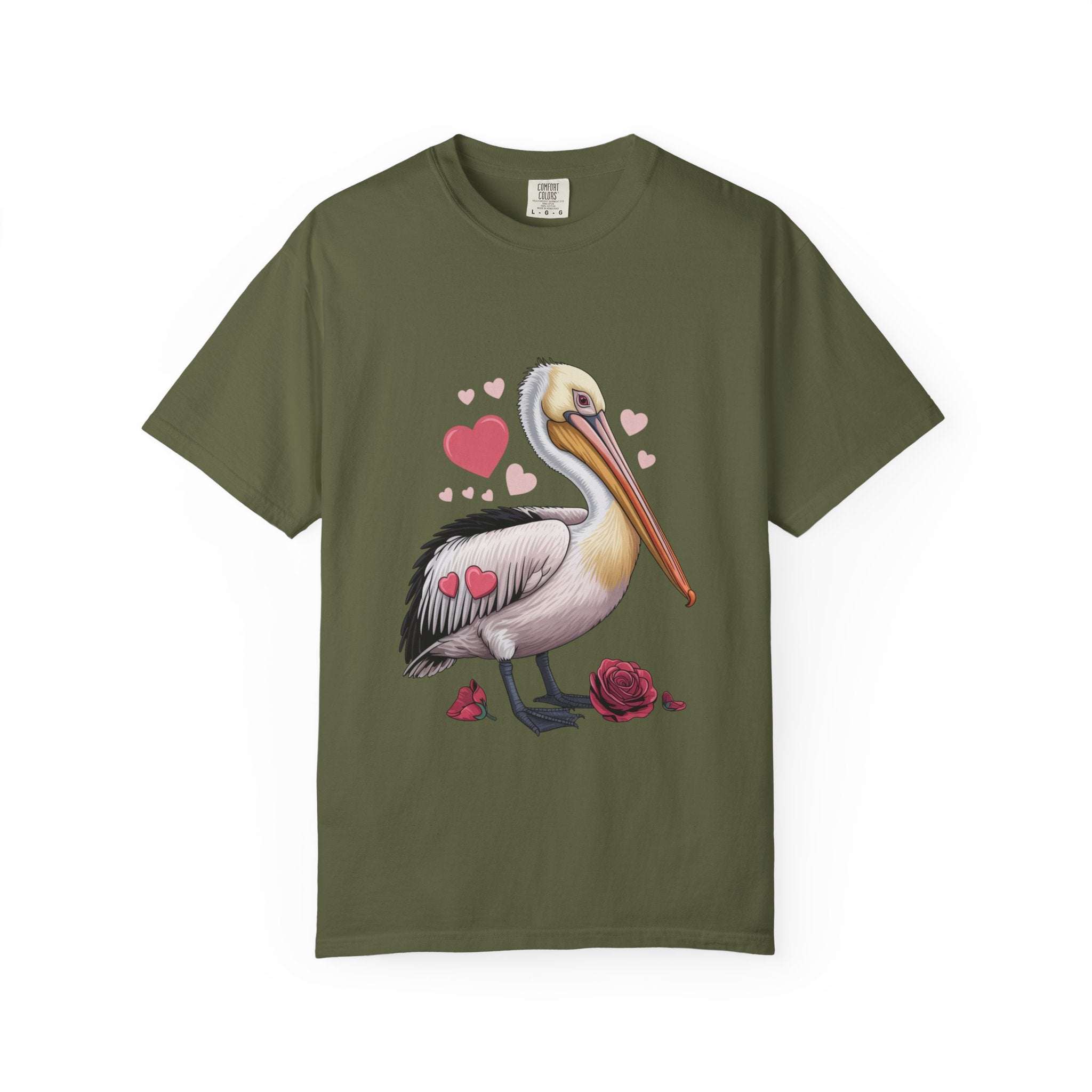 Valentine Pelican Hearts T-Shirt with playful pelican carrying heart on sunlit shoreline, soft cotton casual wear