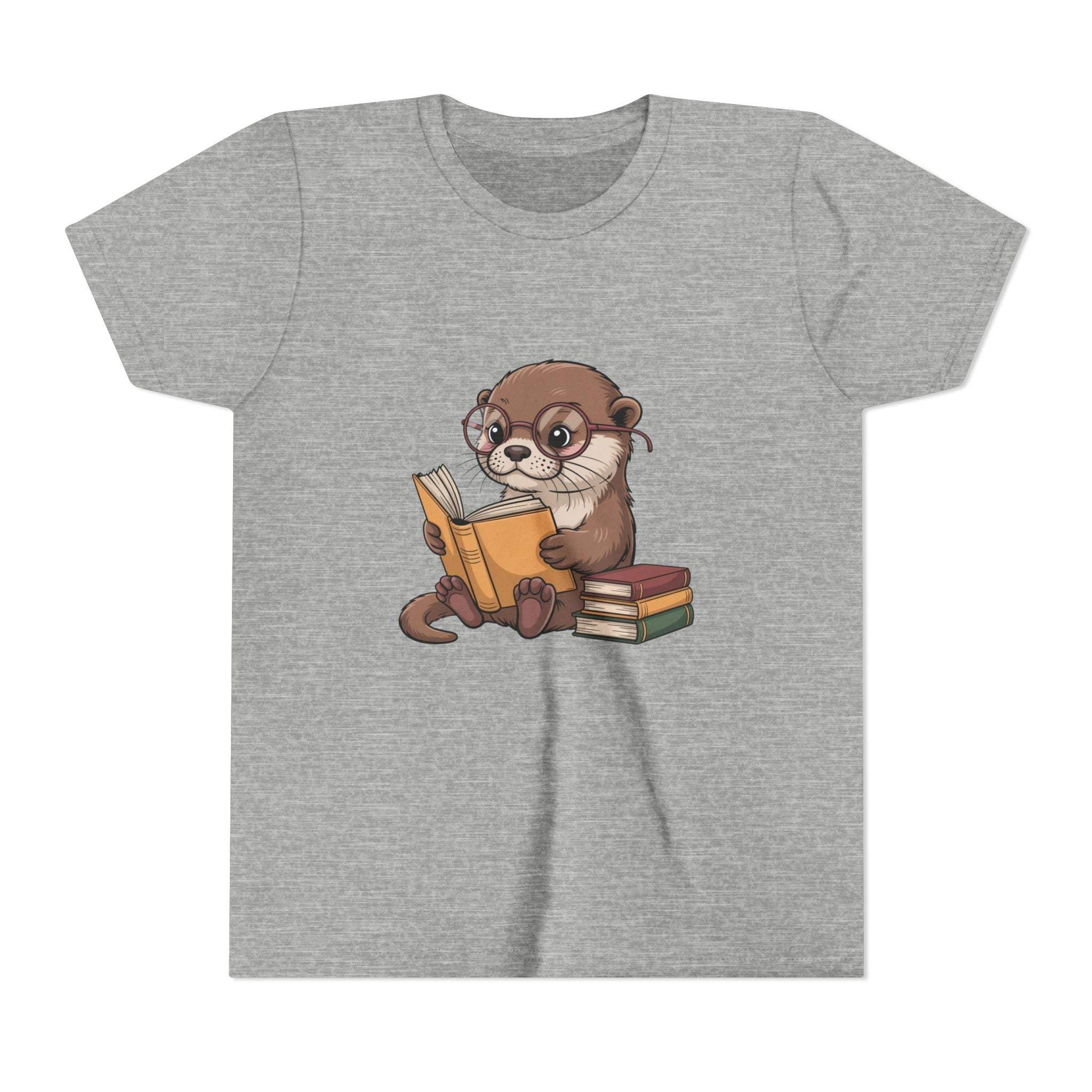 Gray t-shirt with an otter reading a book graphic on a white background