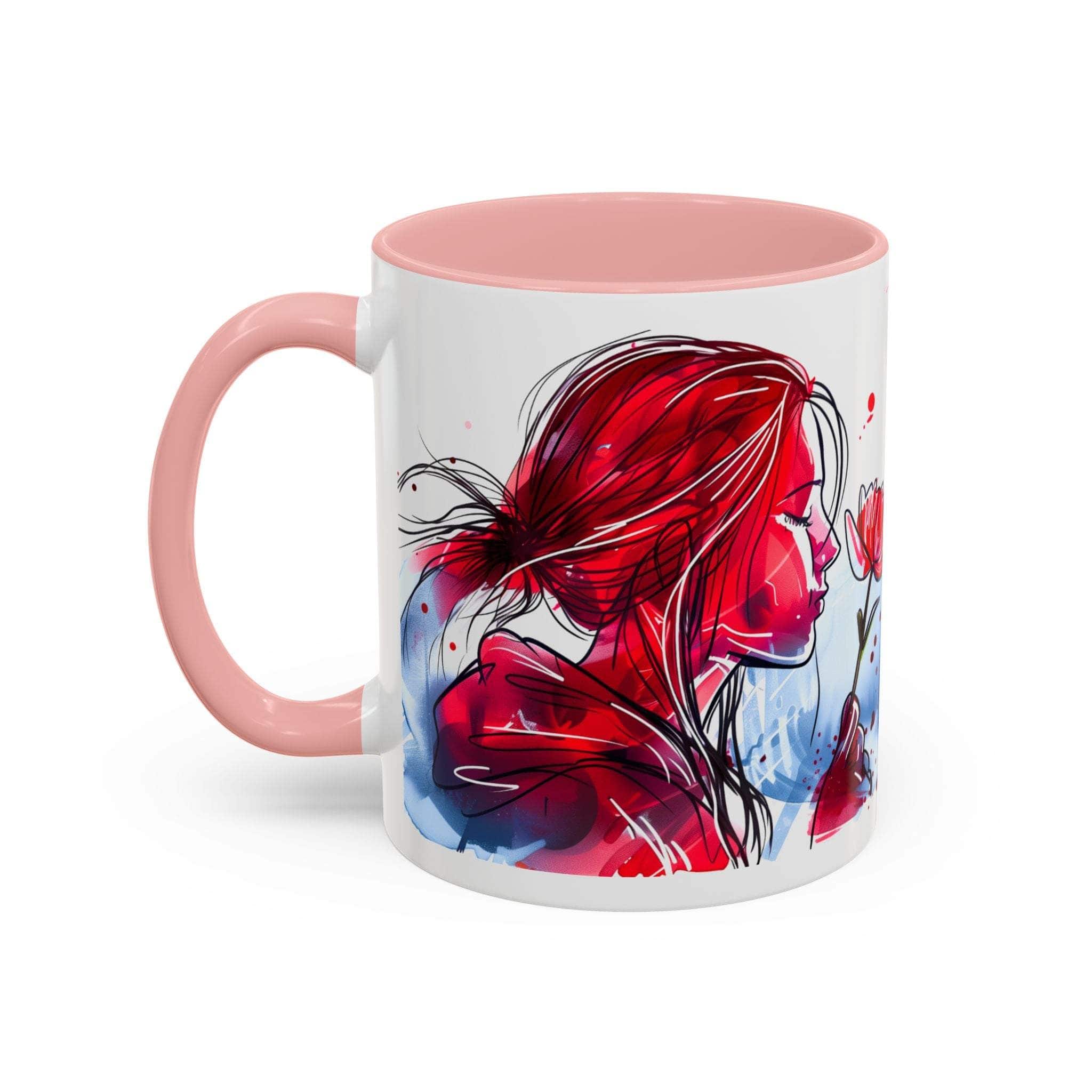 Mug with a red and blue artistic design on a white background