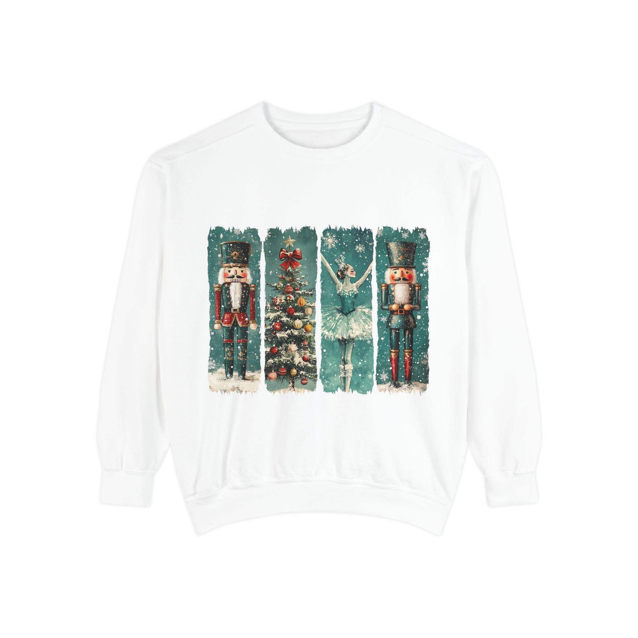 White Vintage Christmas Nutcracker sweatshirt with watercolor nutcracker, Christmas tree, and ballerina designs
