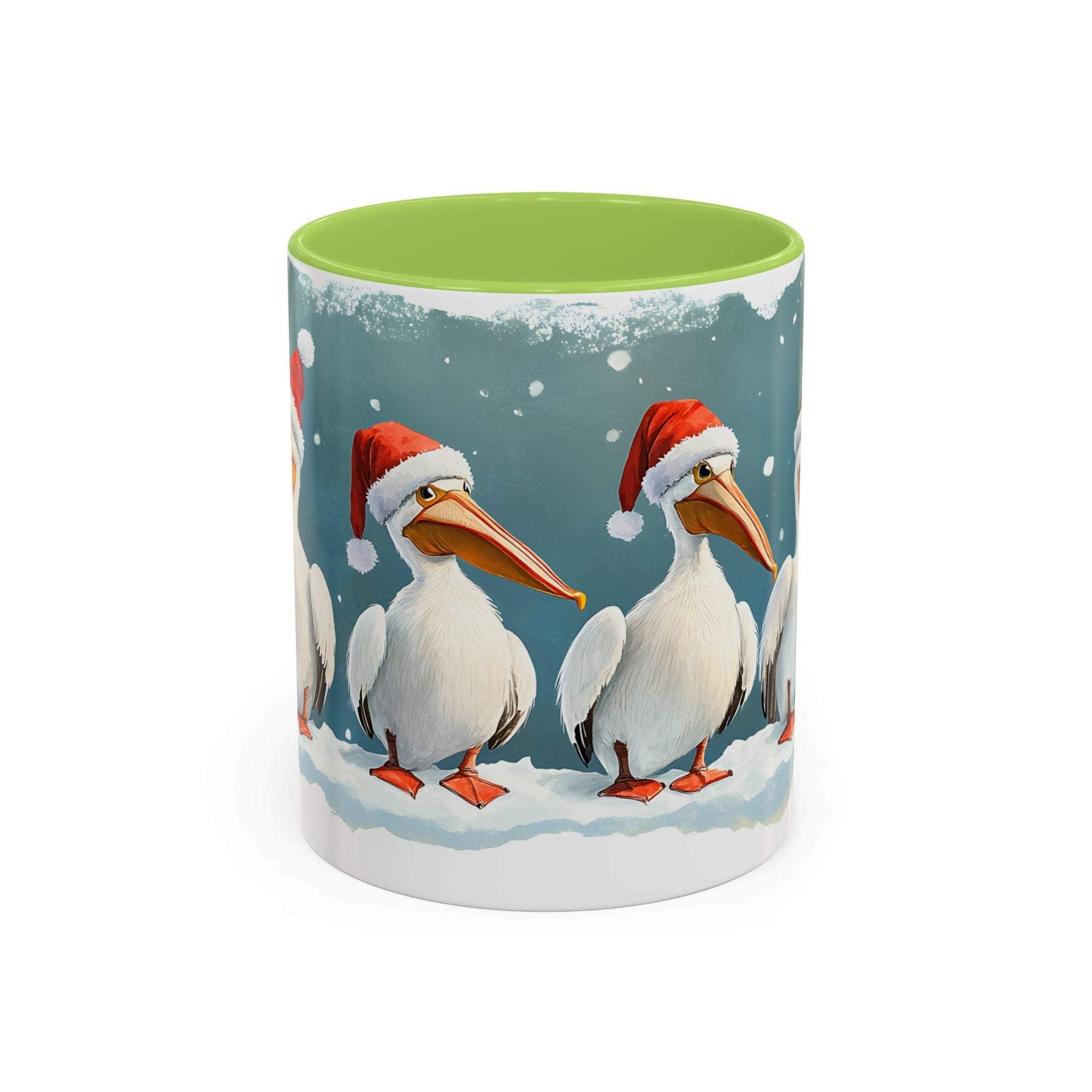 Mug with Christmas-themed design featuring pelicans wearing Santa hats on a snowy background.