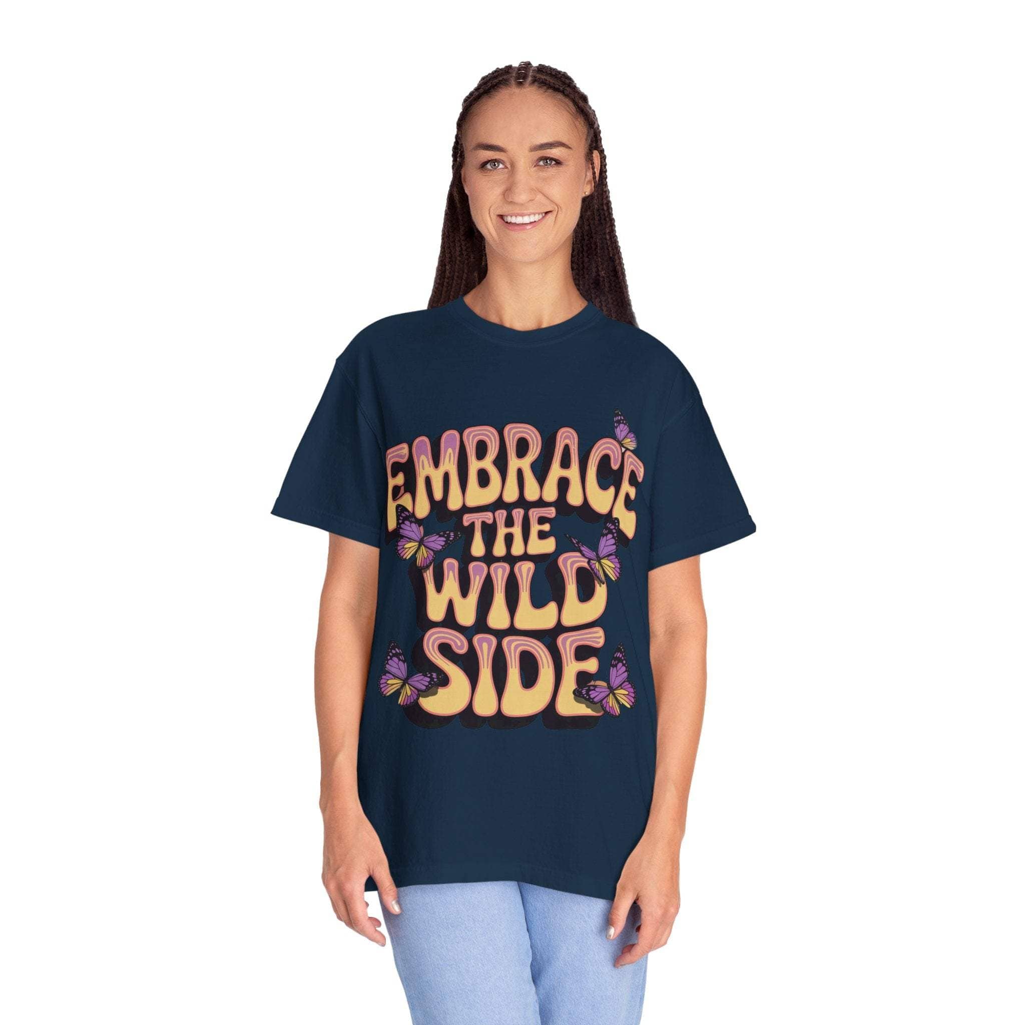 Unisex navy garment-dyed T-shirt with "Embrace the Wild Side" print and butterfly design